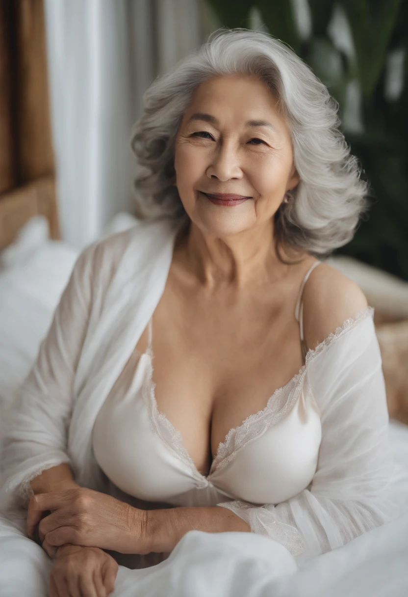 Mature and attractive woman、3 people、bbw、an lingerie、large boob、A smile、​masterpiece、top-quality、(((old women)))、70 generations、grandmather、white  hair、Gray hair、Elderly women、Alone、4K、smil、undergarment、Sexy Shots、Colossal tits、large full breasts、Women with wrinkles around their eyes、Wrinkles on the skin of the whole body、wrinkled body、Wrinkled wrists、a bed、FULL BODYSHOT、Photograph the whole body、All different faces