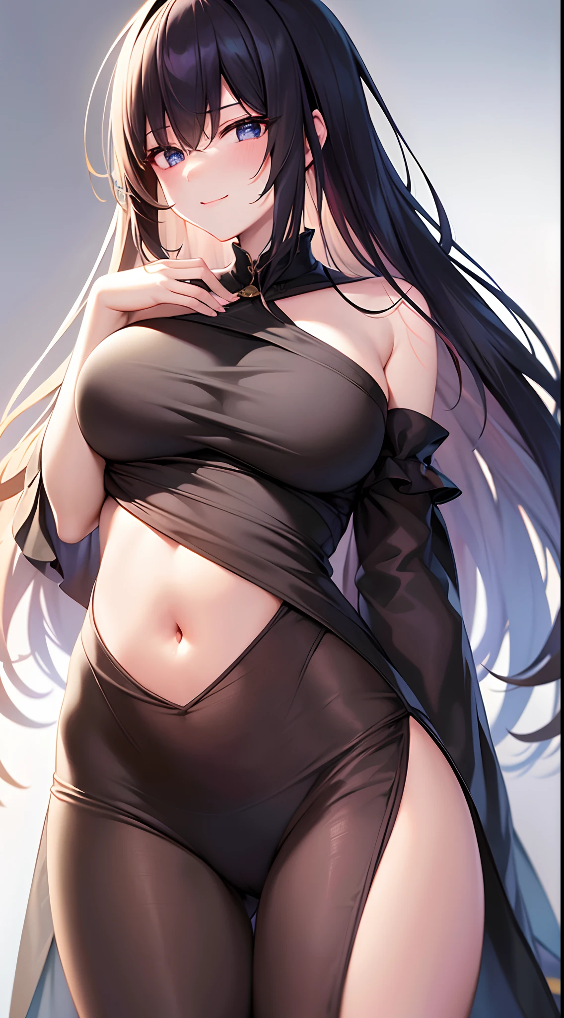 (best image quality, masterpiece:1.2), absolute resolution, high quality, one woman, break, (long black hair mixed with red:1. 1), brown eyes, big breasts,naked towel,