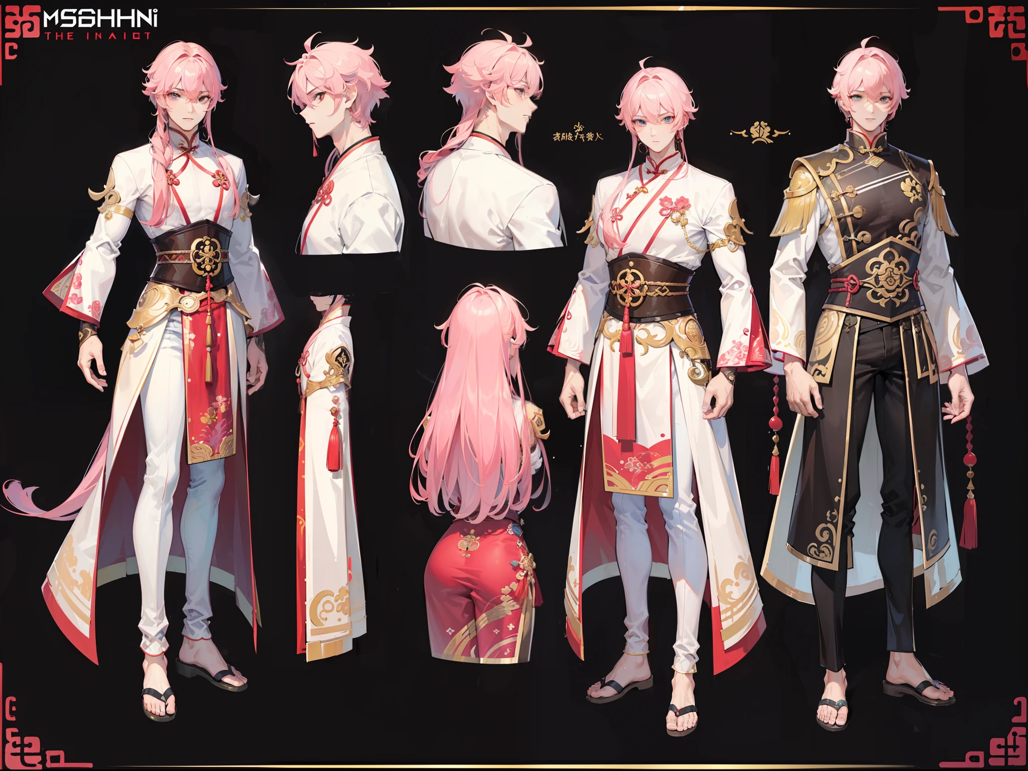 ((Masterpiece, Highest quality)), Male, boy, Detailed face, character design sheet,full body esbian, Full of details, frontal body view, back body view, Highly detailed, Depth, Many parts, Muscle boy with long pink hair,handsome man, Traditional chinese clothes, Genshin Impact, man tall, pectoral muscles, abs