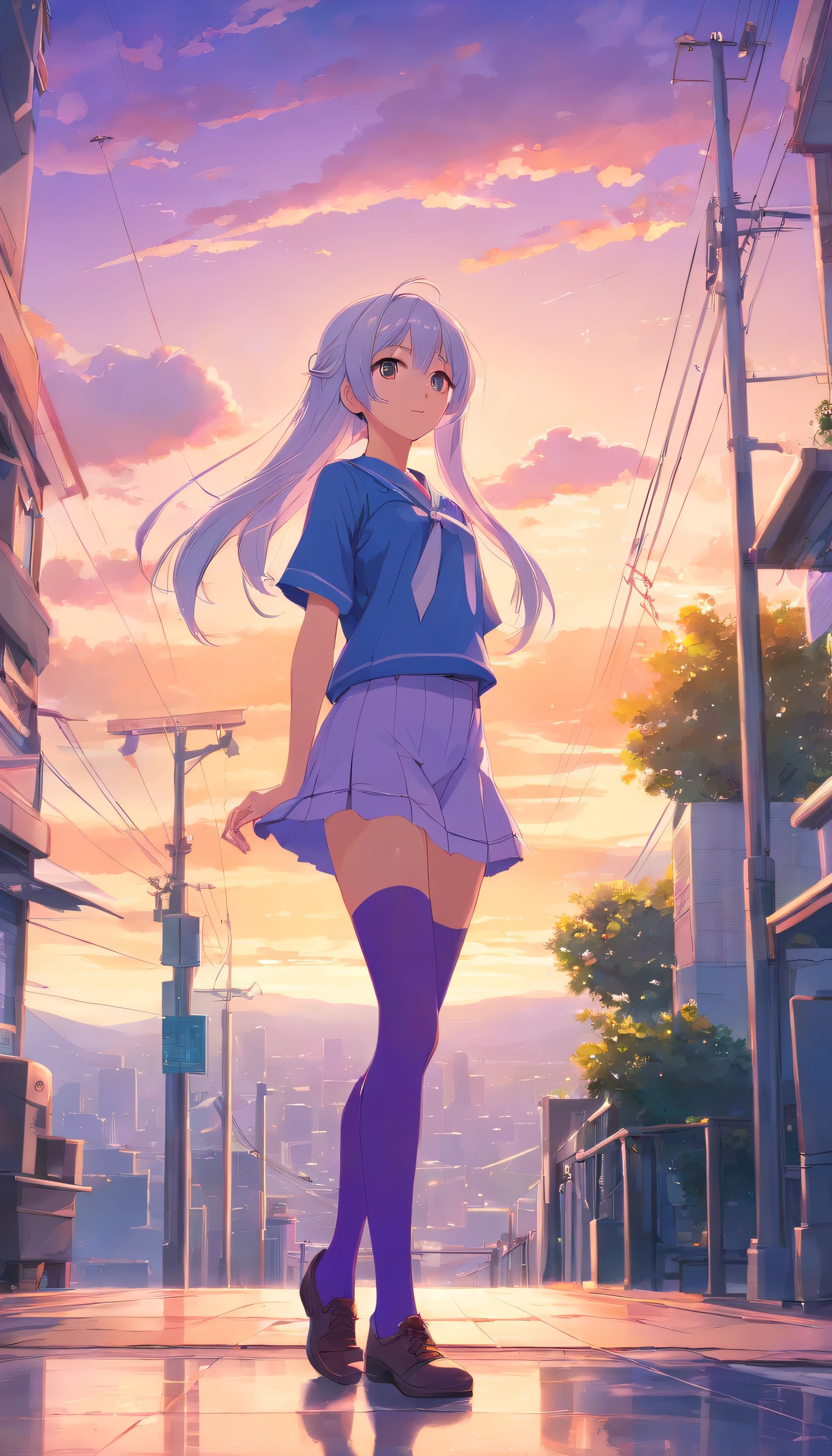 best qualtiy, tmasterpiece, 超高分辨率, realisticlying, 1 girl, long white hair,Heterochromic pupils,Long legs,Princess set,head looking up,cheerfulness,Purple stockings,chies,stately,wide angles