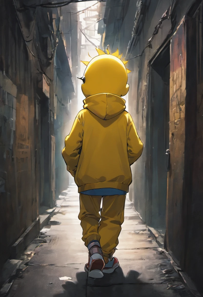bart simpson in a dark alley walking towards the camera facing it with hood up sad lonely vibes