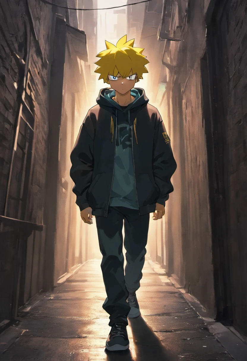 bart simpson in a dark alley walking towards the camera facing it with hood up sad lonely vibes