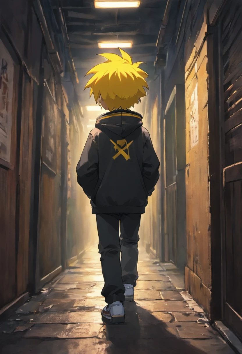 bart simpson in a dark alley walking towards the camera facing it with hood up sad lonely vibes