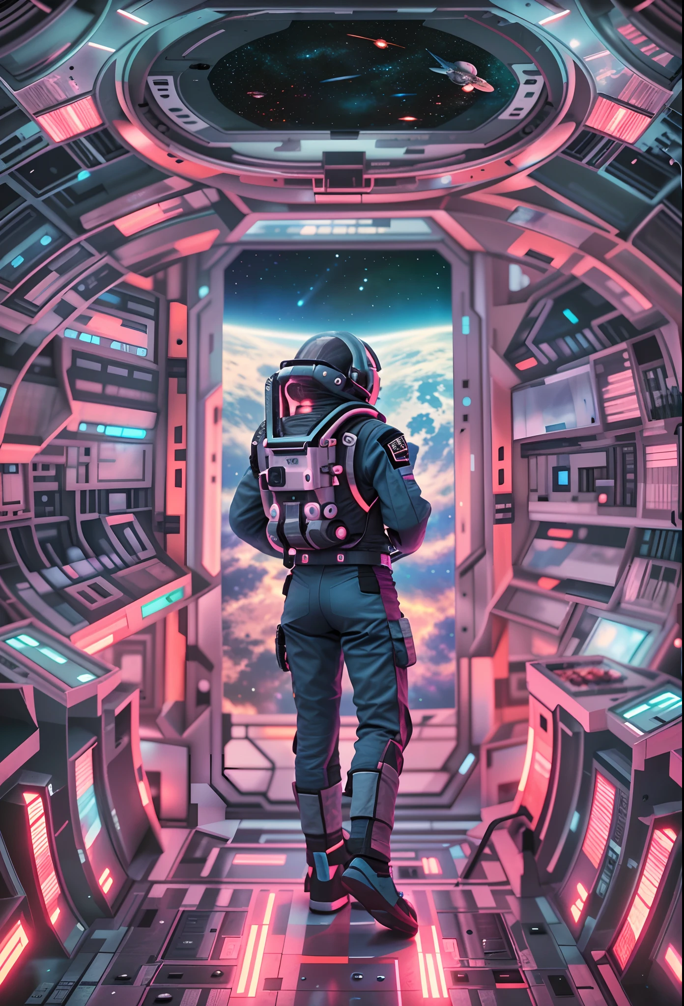 Space capsule,facing away from the audience,Realiy,A girl wearing a。Prepare to step out of the capsule,Detail HD,A man on the space station,wearing a space costume,Close-up, Science-fi digital art illustration, scifi illustration, scifi illustration, sci-fi illustrations, sci-fi illustrations, looking off into space, scifi illustration, borne space library artwork, greg beeple, sci-fi artwork, beeple daily art, in the style of beeple