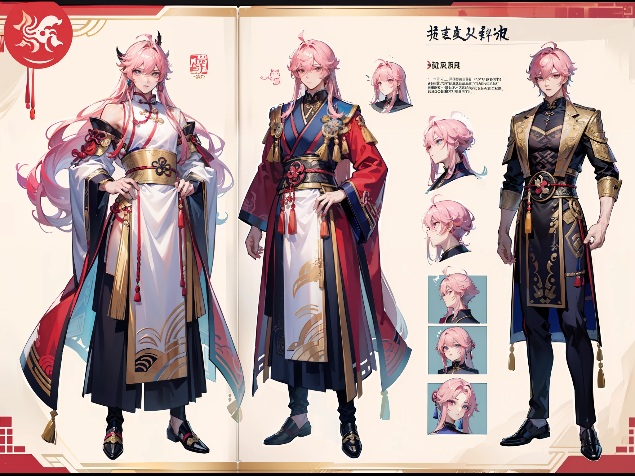 ((Masterpiece, Highest quality)), Male, boy, Detailed face, character design sheet, full bodyesbian, Full of details, frontal body view, back body view, Highly detailed, Depth, Many parts, Muscle boy with pink long hair,handsome man, Traditional chinese clothes, Genshin Impact, man tall
