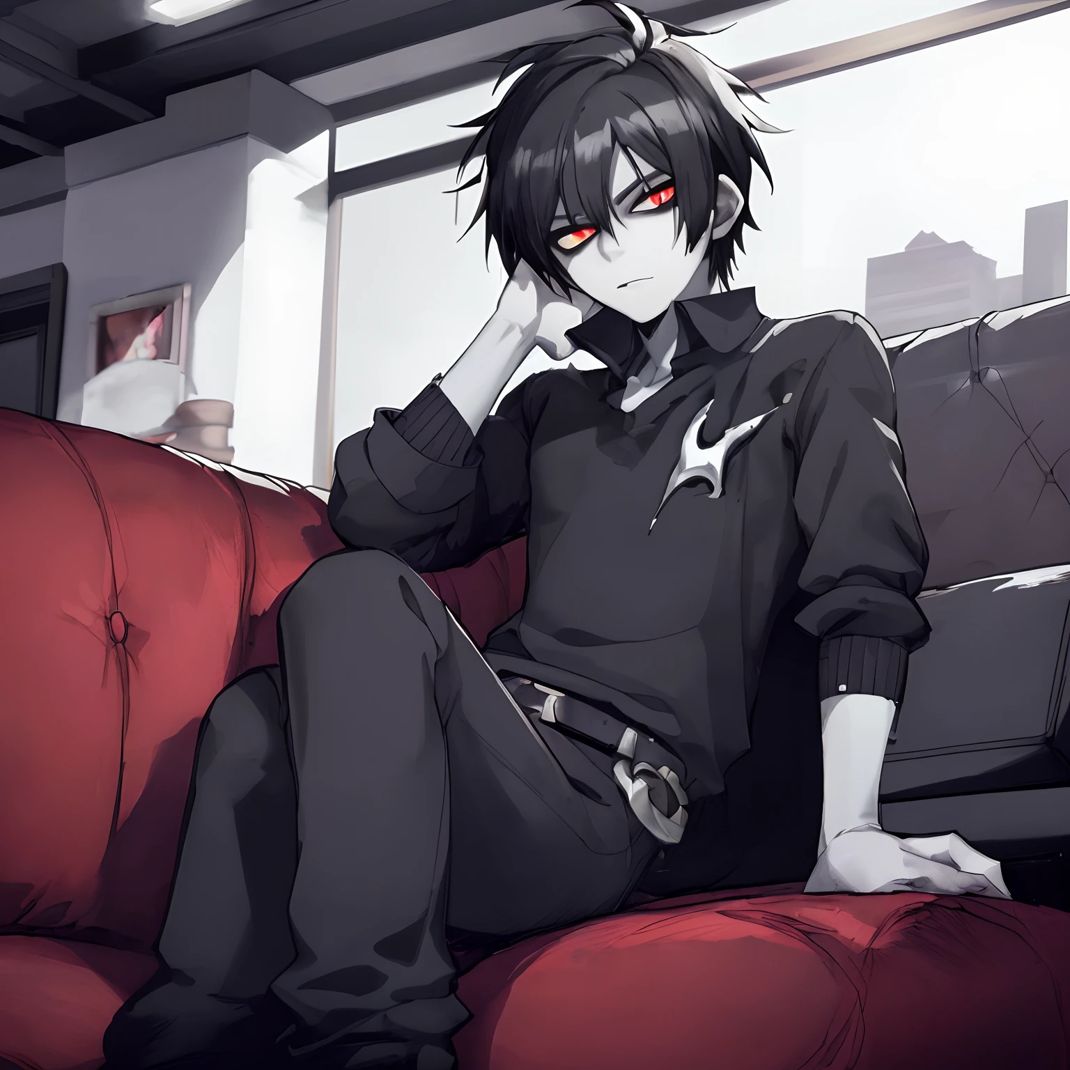 young man, cabelos pretos, pale skin, pele de vampiro, olhos vermelhos, roupa preta, on a couch, shy face, 4k