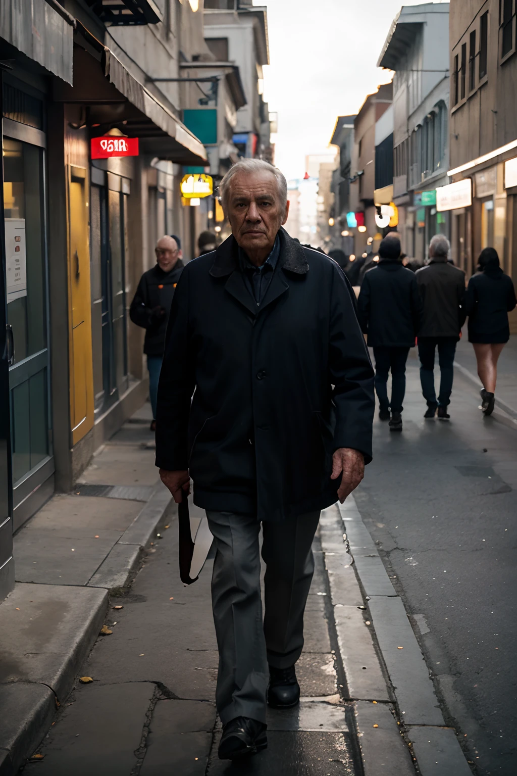 create a realistic photo in 16x9 format of an old man walking alone on the street