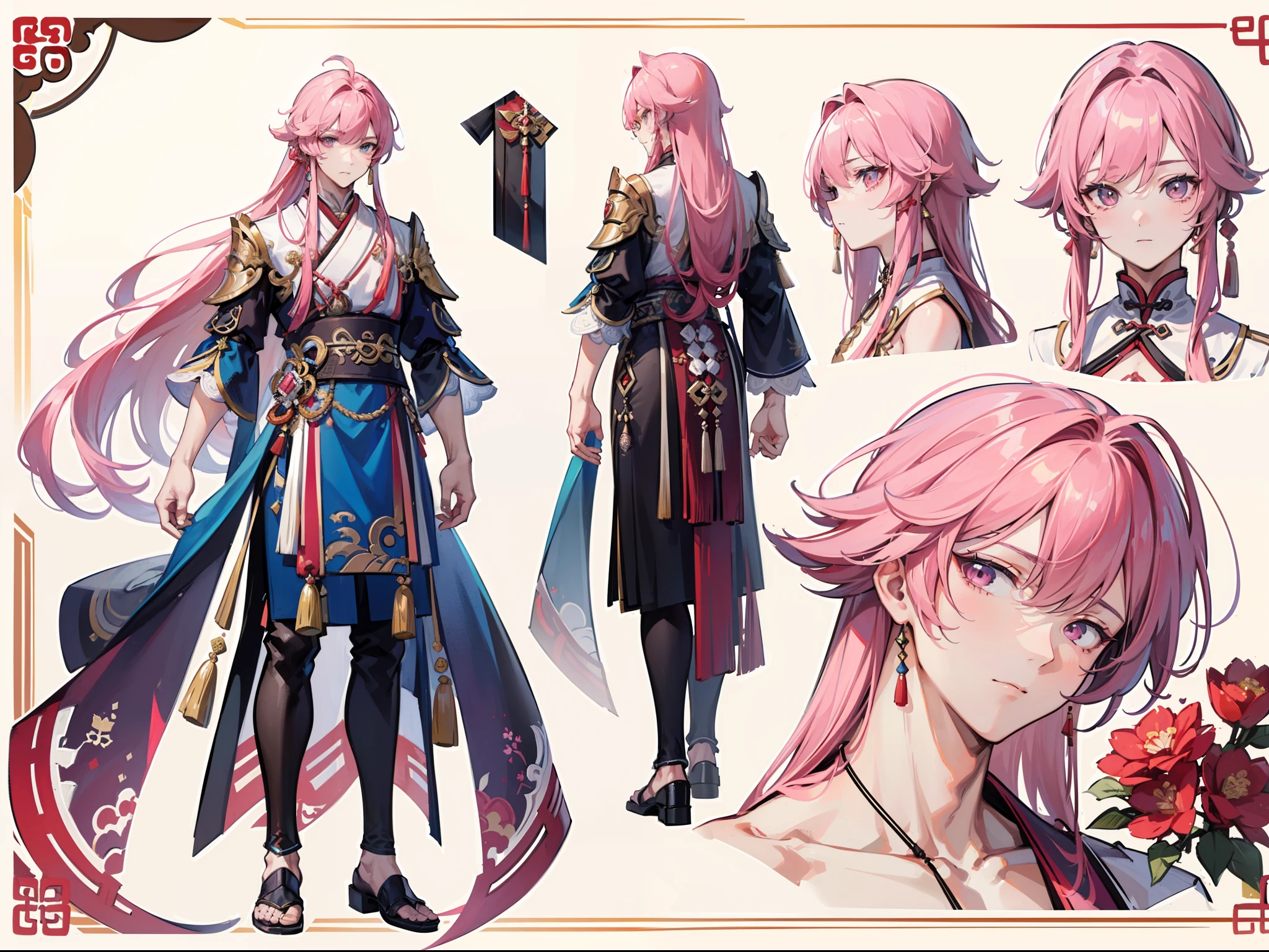 ((Masterpiece, Highest quality)), Male, boy, Detailed face, character design sheet， full bodyesbian, Full of details, frontal body view, back body view, Highly detailed, Depth, Many parts, Muscle boy with pink long hair，handsome man, Traditional chinese clothes, Genshin Impact, man tall