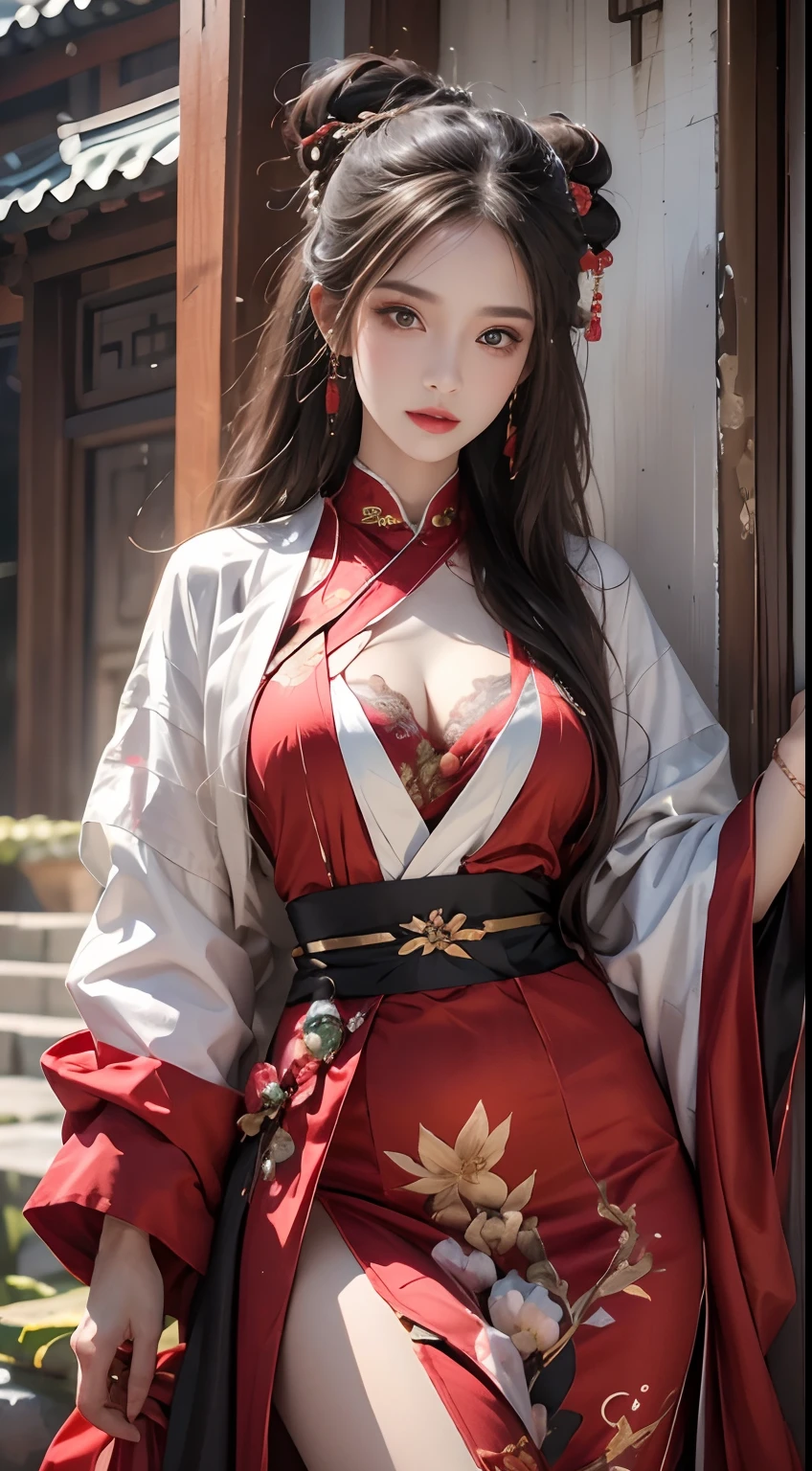 Photorealistic, High resolution, 1 woman, hips up high, Beautiful eyes, Long hair, Ringed Eyes, Jewelry, The tattoo, Hanfu, chinese fairy, Taoist uniform、kimono