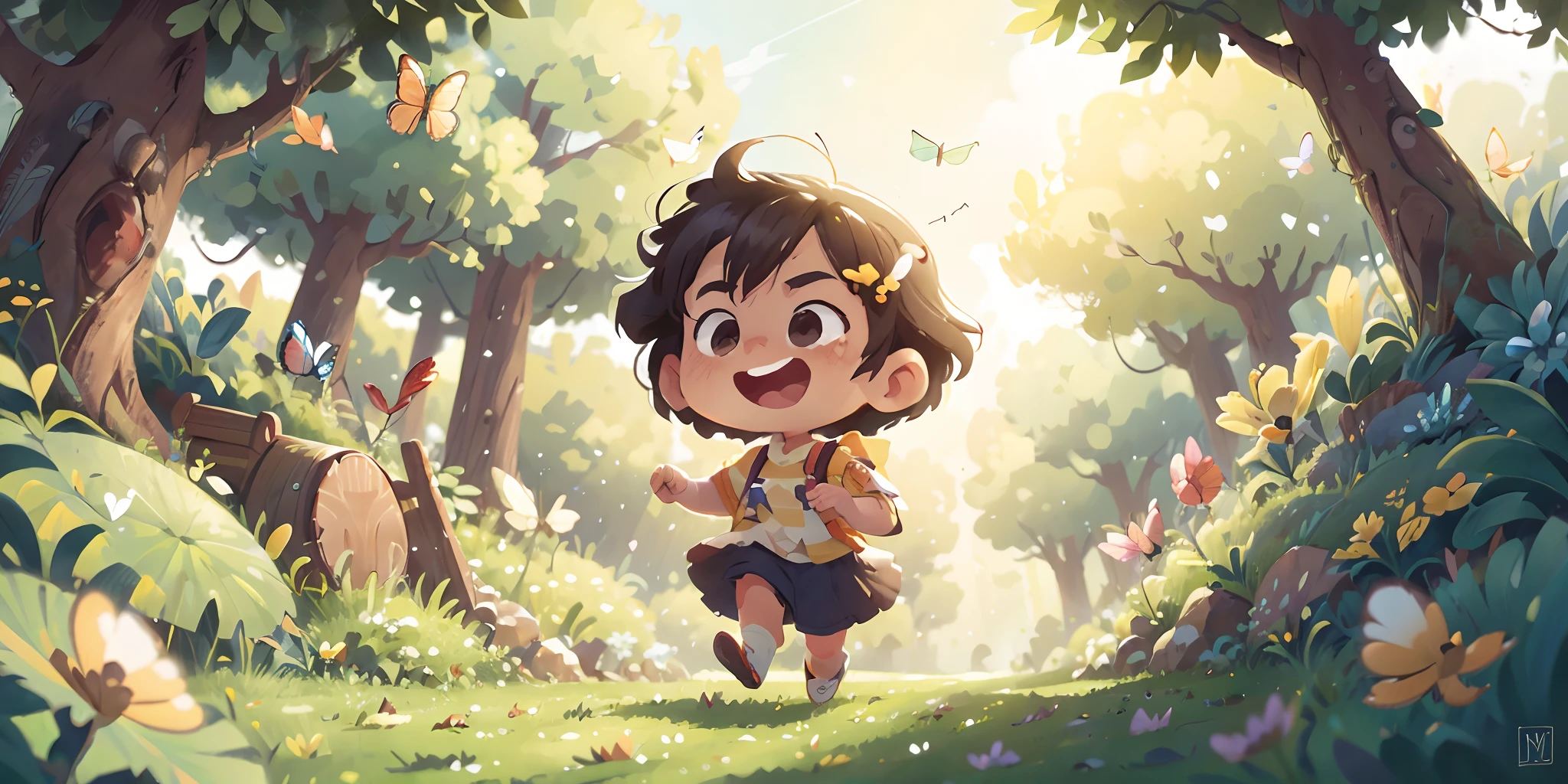 A 5-year-old chases butterflies in the grassland，large grassland，Empty，wide，Good view，Bottom-up perspective，cheerfulness，Rejoice，Perfect quality，Clear focus（Clutter - home：0.8）， （tmasterpiece：1.2） （realisticlying：1.2） （Bokeh） （best qualtiy） （detailedskin：1.3） （complexdetails） （8K） （detailedeyes） （Sharp focus）,（having fun）
