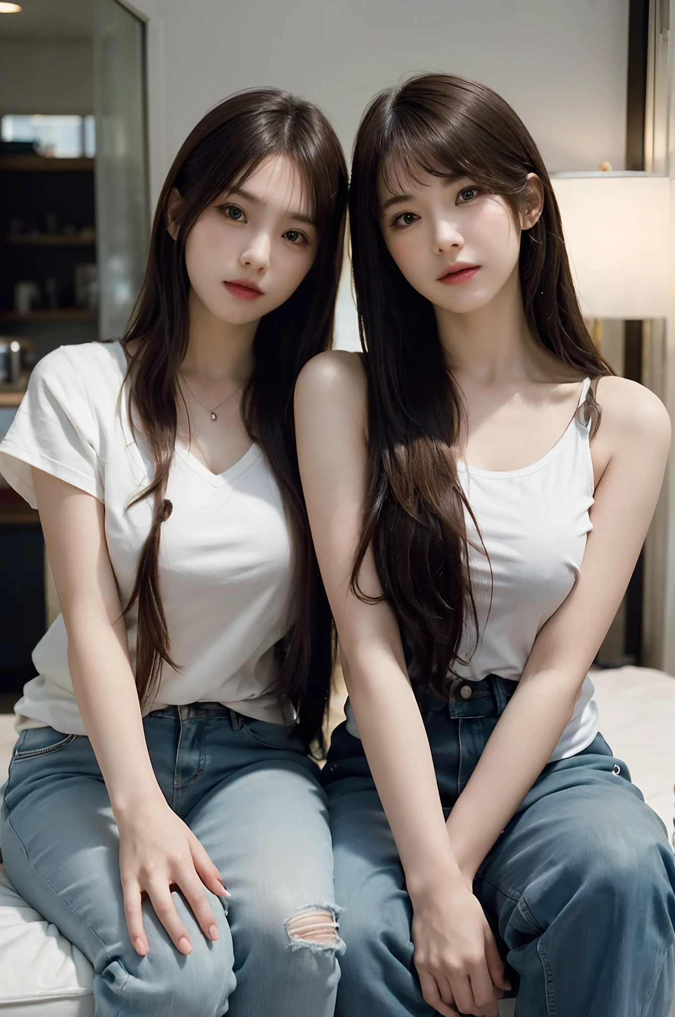 (Masterpiece, Best quality), (photograph realistic), (intricately details, Detailed face), hdr, Ray tracing,RAW photograph,All faces and pictures must be different,((Close-up portrait of two young people_Women))