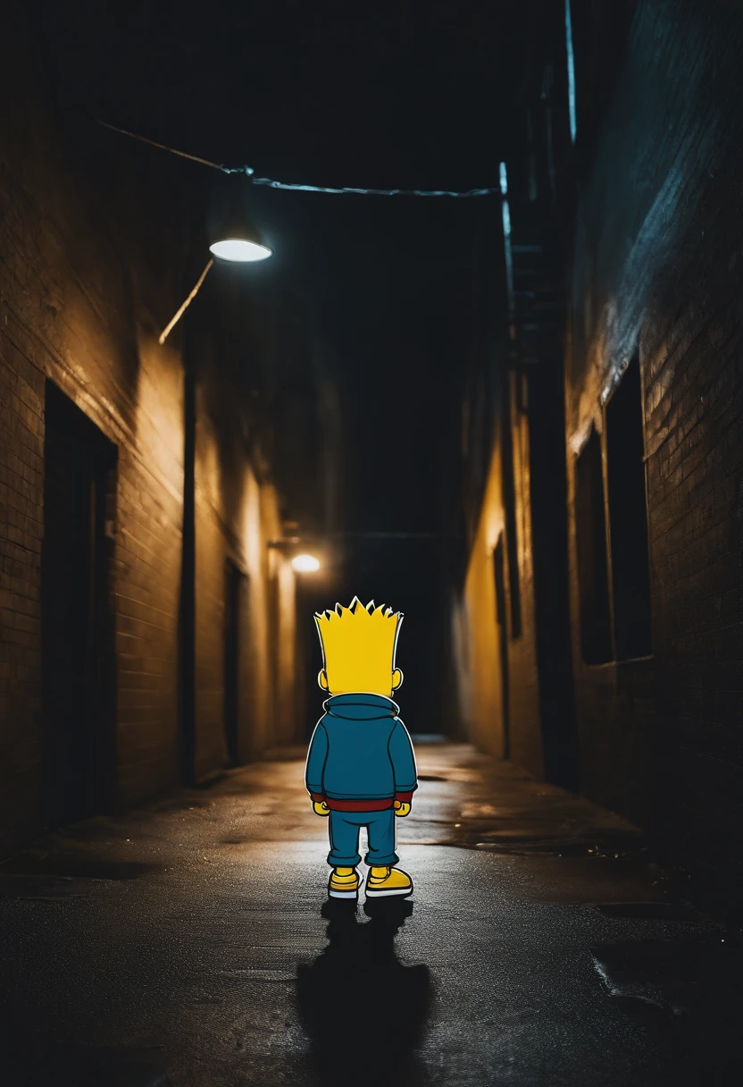 bart simpson in a dark alley walking towards the camera facing it with hood up sad lonely vibes
