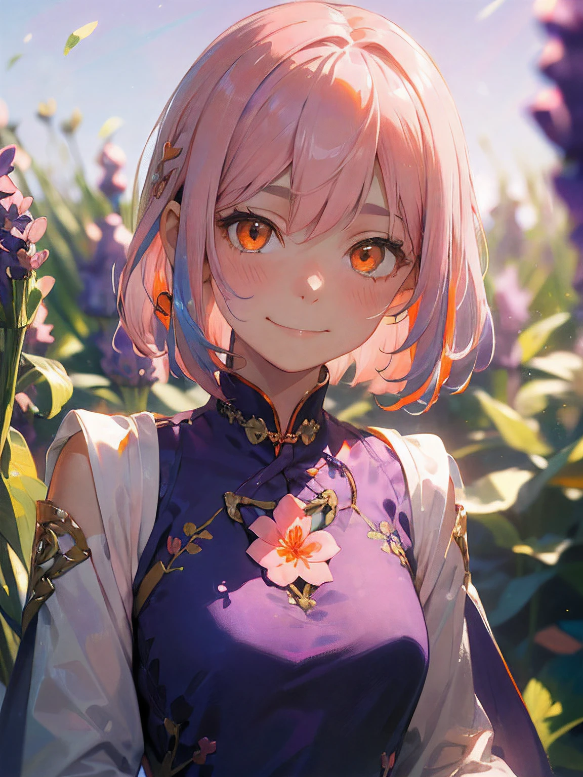 a 19 yo girl , (( Light Pink Hair:1.5)), (hi-top fade:1.3) , dark themed , Muted Tones , Subdued Color , highly contrast , (natural skin textures , Hyper-Realism , Soft light , sharp) , ((Lavender Purple innovative ao dai:1.5)) , (Secondary colors of innovative ao dai clothes is Vista Blue) ,( Pink Lavender lotus shaped hair clip ), (Sky Blue accessory) , (((shoulder-length hair)) , (bright orange eyes)  , focus on the face , opposite shot , full head,(bright orange eyes:1.5) , cowboy shot , ((Amused emotion:1.5)) , random cute pose
