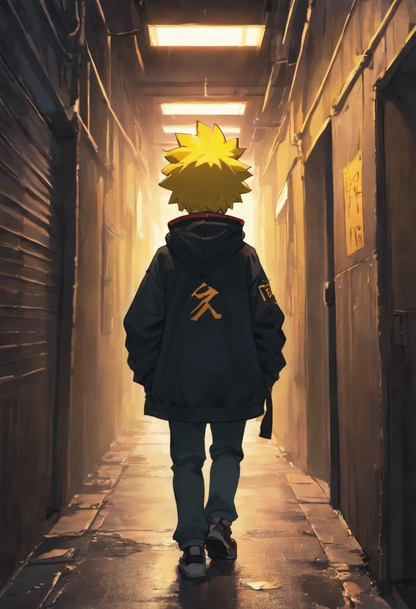 bart simpson in a dark alley walking towards the camera facing it with hood up sad lonely vibes