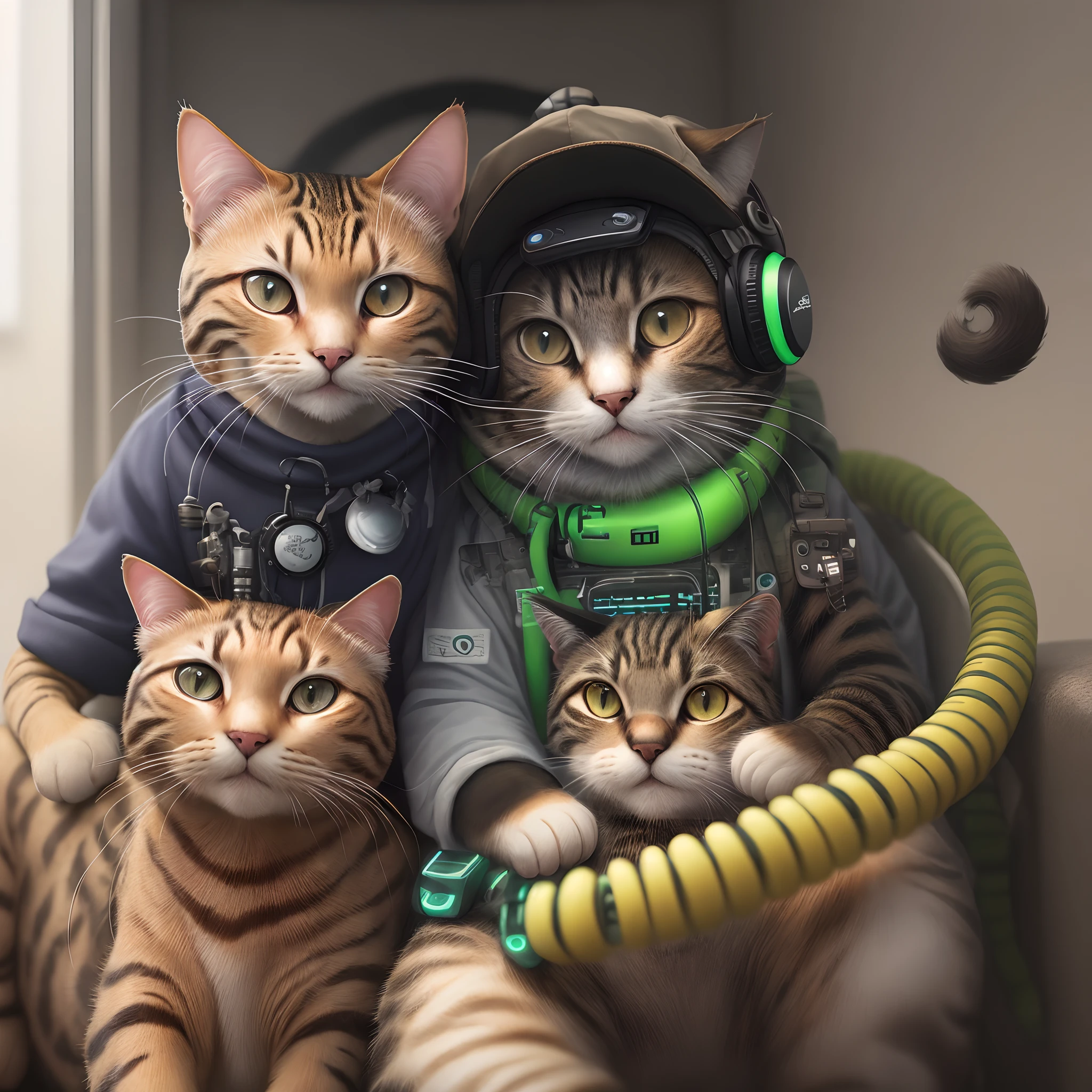 Gato ciberpunk agachado com capuz
