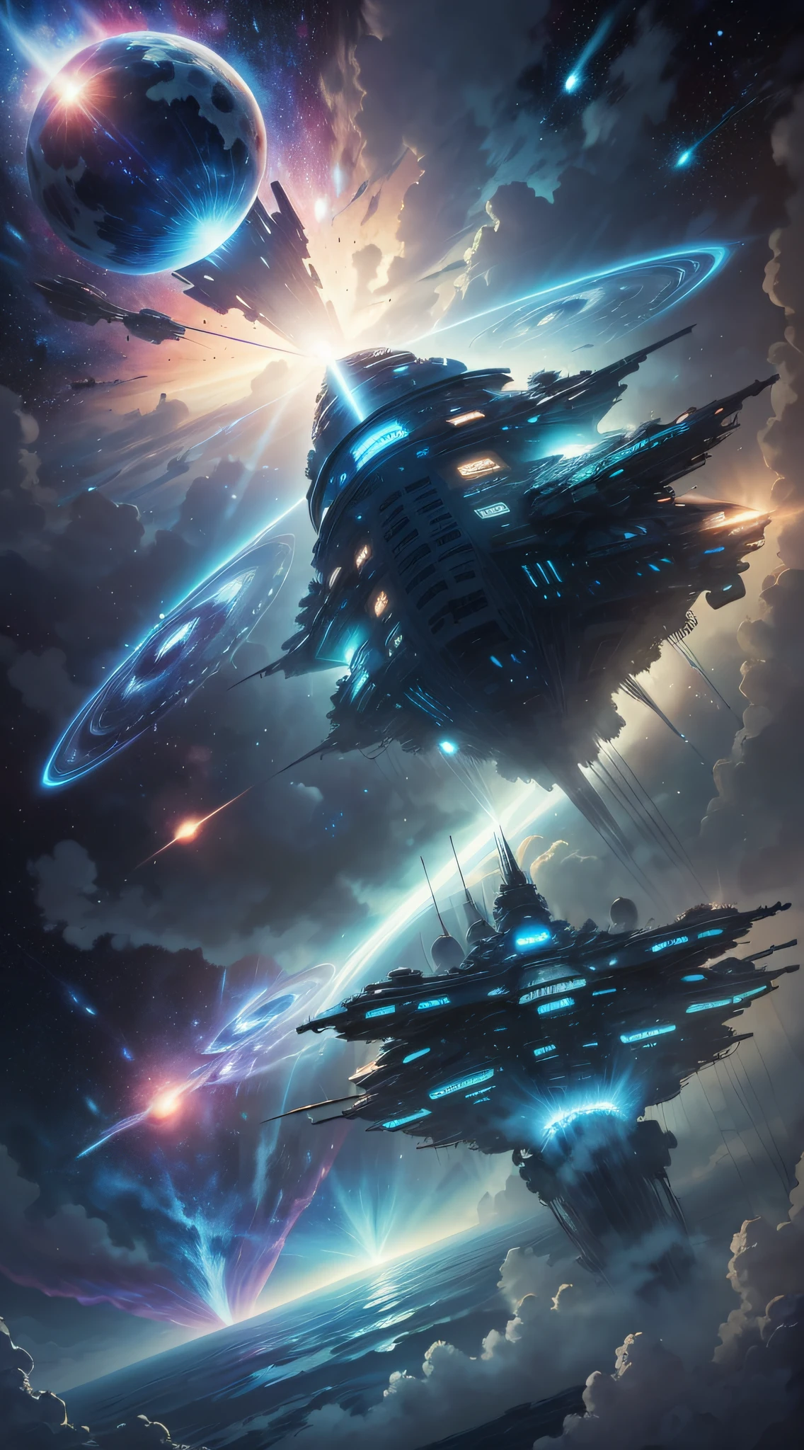 Space with all planets blue and pink with bright white stars background Miyazaki style,Two starships of different styles are chasing,A giant interstellar ship for humans,There are rooms and windows on the ship,There are various colors of light。An interstellar battleship for a mechanical civilization,Slightly smaller,Firing at a starship ahead,Shoots out energy rays。In front of the flight is a giant blue planet,Planets take up a quarter of the picture,Two starships each occupy the other quarter of the picture,The remaining two-quarters of the picture space is the space firmament。