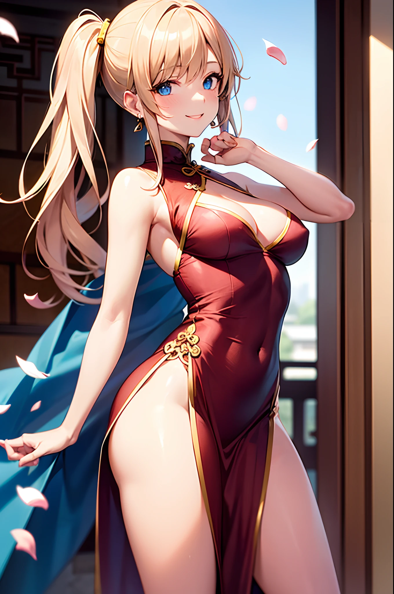 Realistic and detailed image of a girl in a Chinese dress with mini skirt. She has long wavy blonde hair in pigtails. Blue eyes. She has earrings, long eyelashes. she has small breasts, slim waist, very wide hips and thick thighs. smiling, pleased face. With one leg raised, back arched. She is in a Buddhist temple with flower petals falling around her.