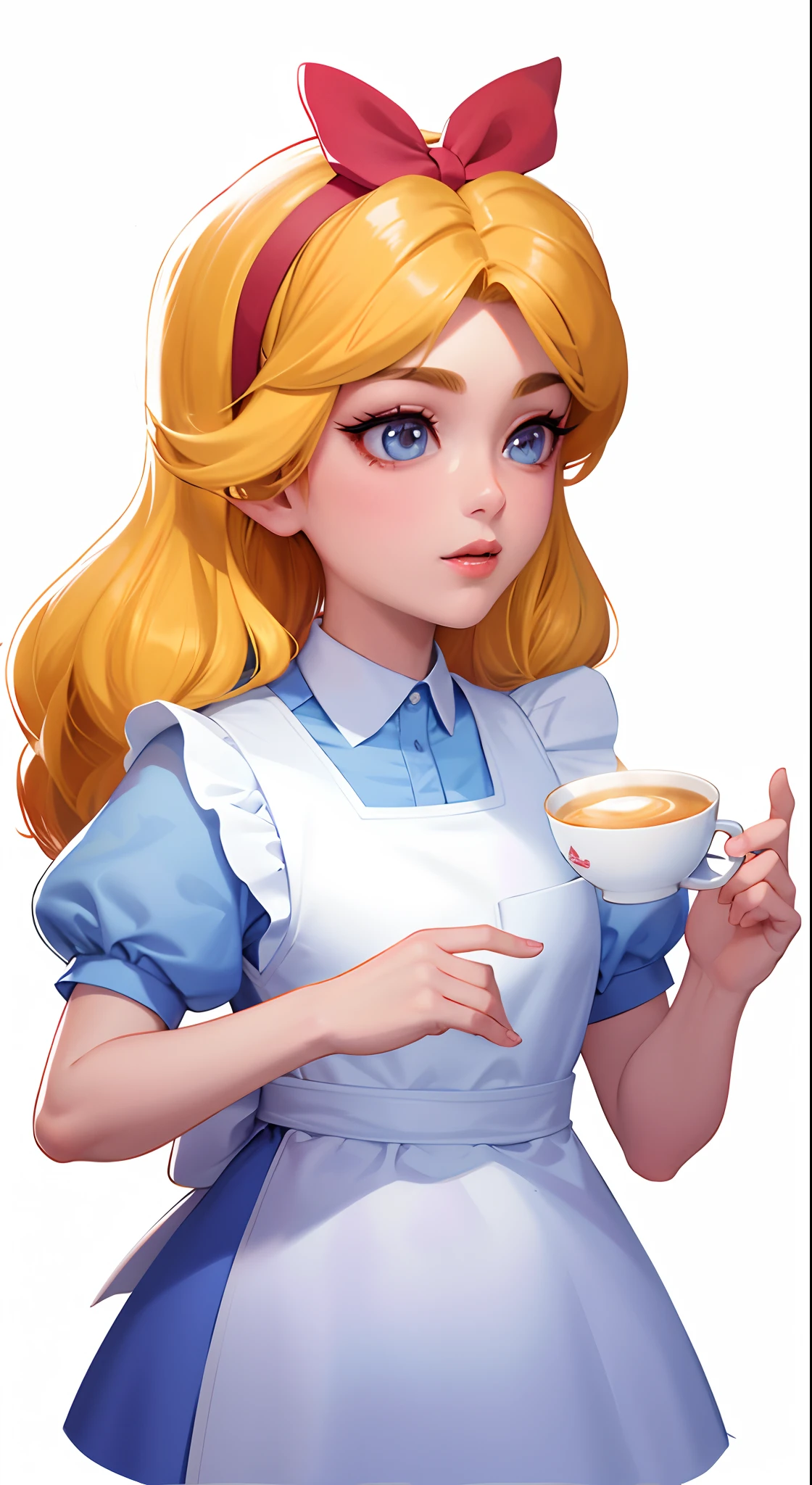 Cartoon image of a woman holding a cup of coffee, alice from alice in wonder land, portrait of alice in wonderland, render of april, Alice attends a crazy tea party, commission for high resolution, Alice, highly detailed character, official character art, inspired by Alice Prin, Alice X. zhang, alice's sister, official character illustration, arte renderizada, Official illustration