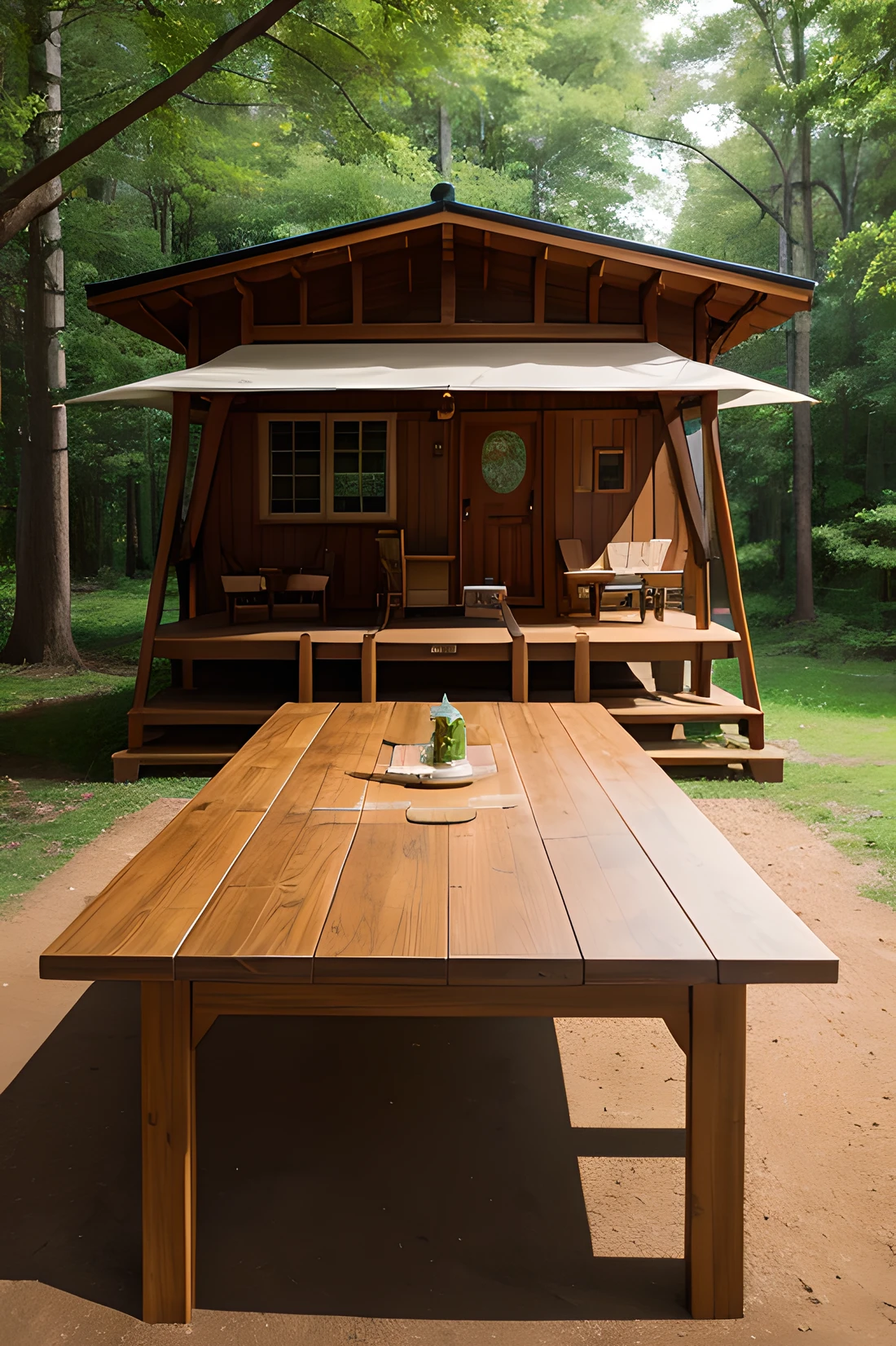Wooden camping tabletop，UE5,The façade can be seen，tmasterpiece，exteriors，The table is close to the camera，The table is arranged horizontally