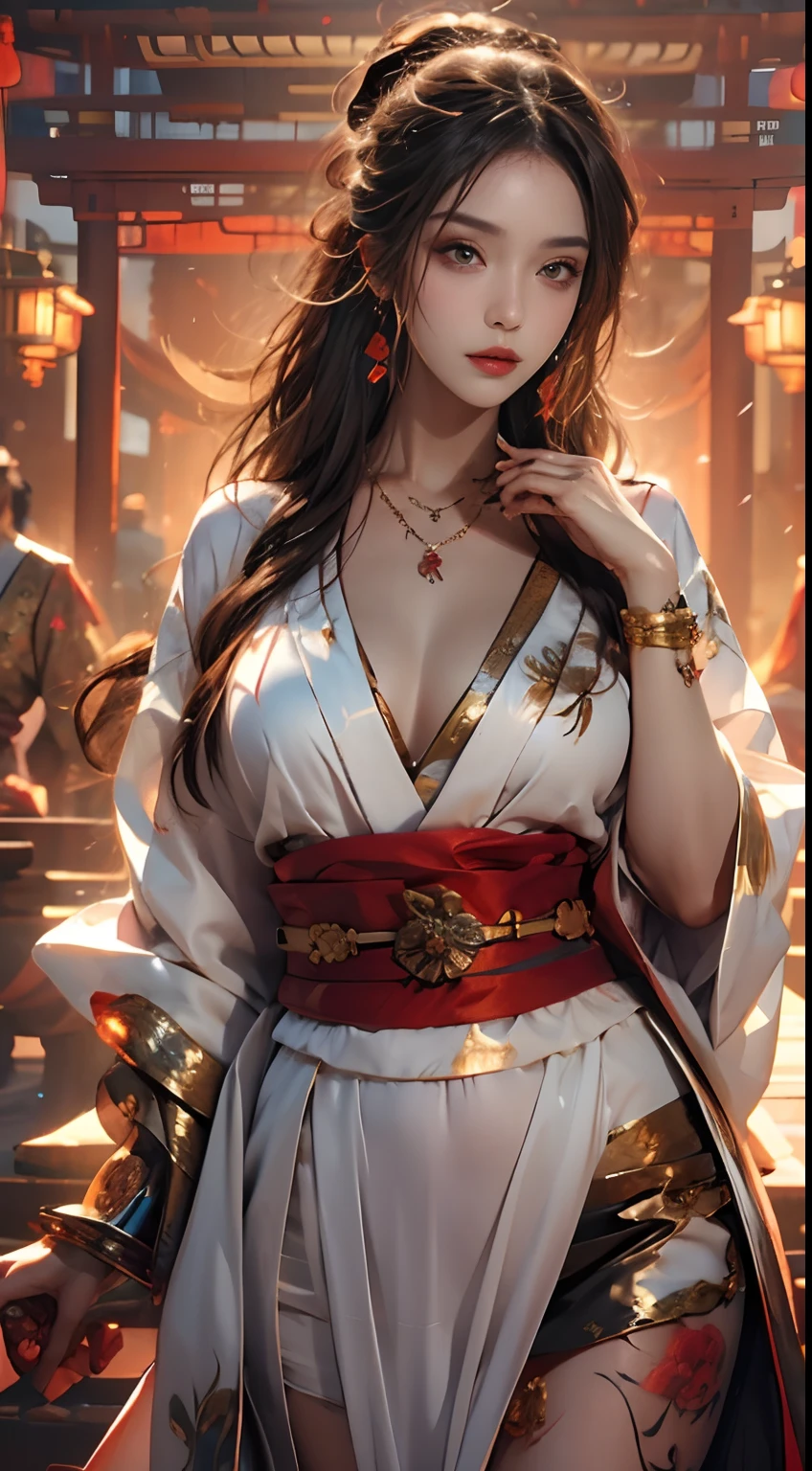 Photorealistic, High resolution, 1 woman, hips up high, Beautiful eyes, Long hair, Ringed Eyes, Jewelry, The tattoo, kimono