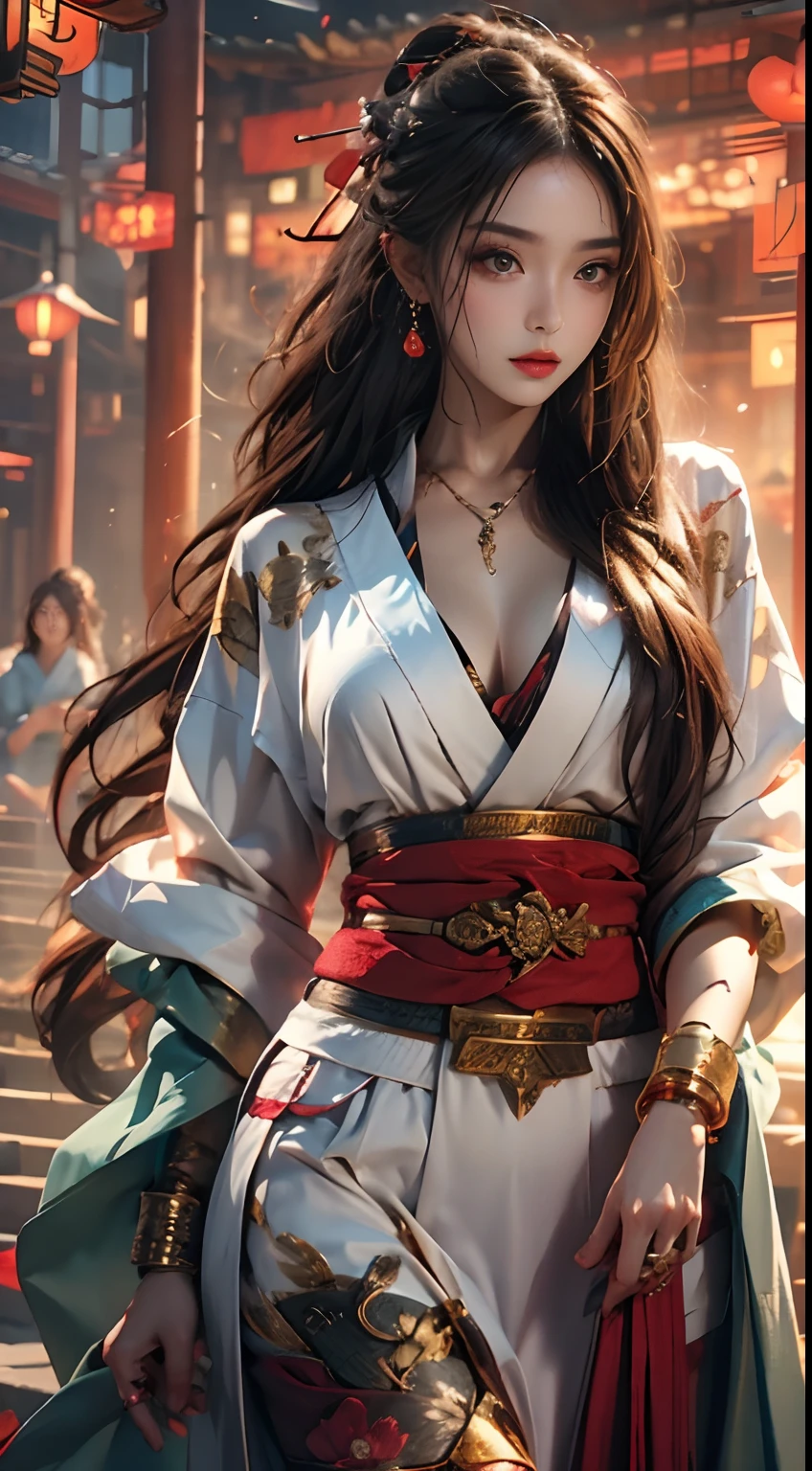 Photorealistic, High resolution, 1 woman, hips up high, Beautiful eyes, Long hair, Ringed Eyes, Jewelry, The tattoo, kimono