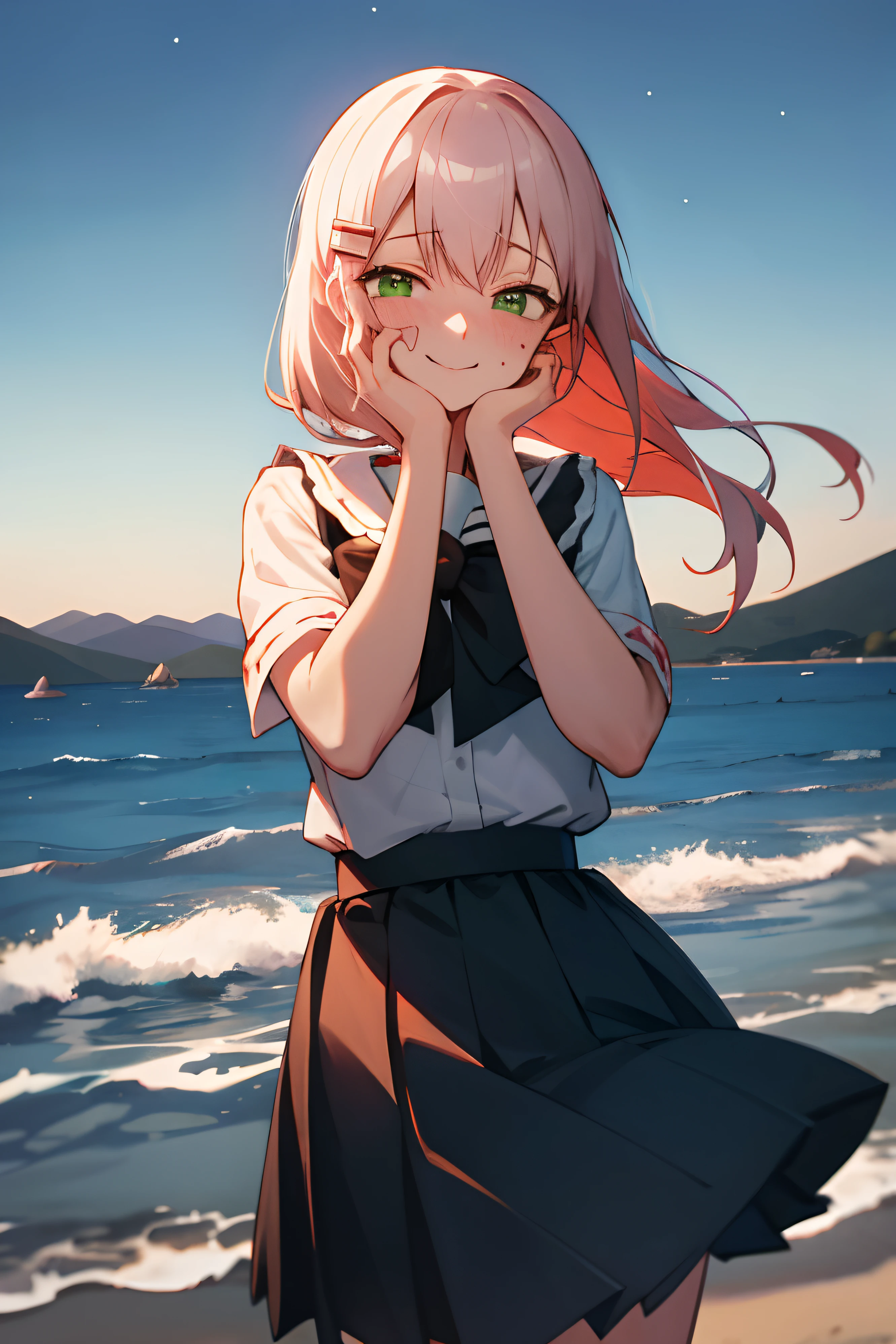 masutepiece:1.1), Best Quality,Emil,Blue blouse,Black skirt, Green eyes, hair clips, North Sea　White waves, Outside, Persistent stare, mountainscape, Looking at scallops,Night, Clear blue sky, starrysky, yandere trance, yandere, hands on own face,A plate in one hand,Shellfish dishes, blank eye, blush, huge smile, Yanderes Mile, (Blood:1.2), Constricted pupils