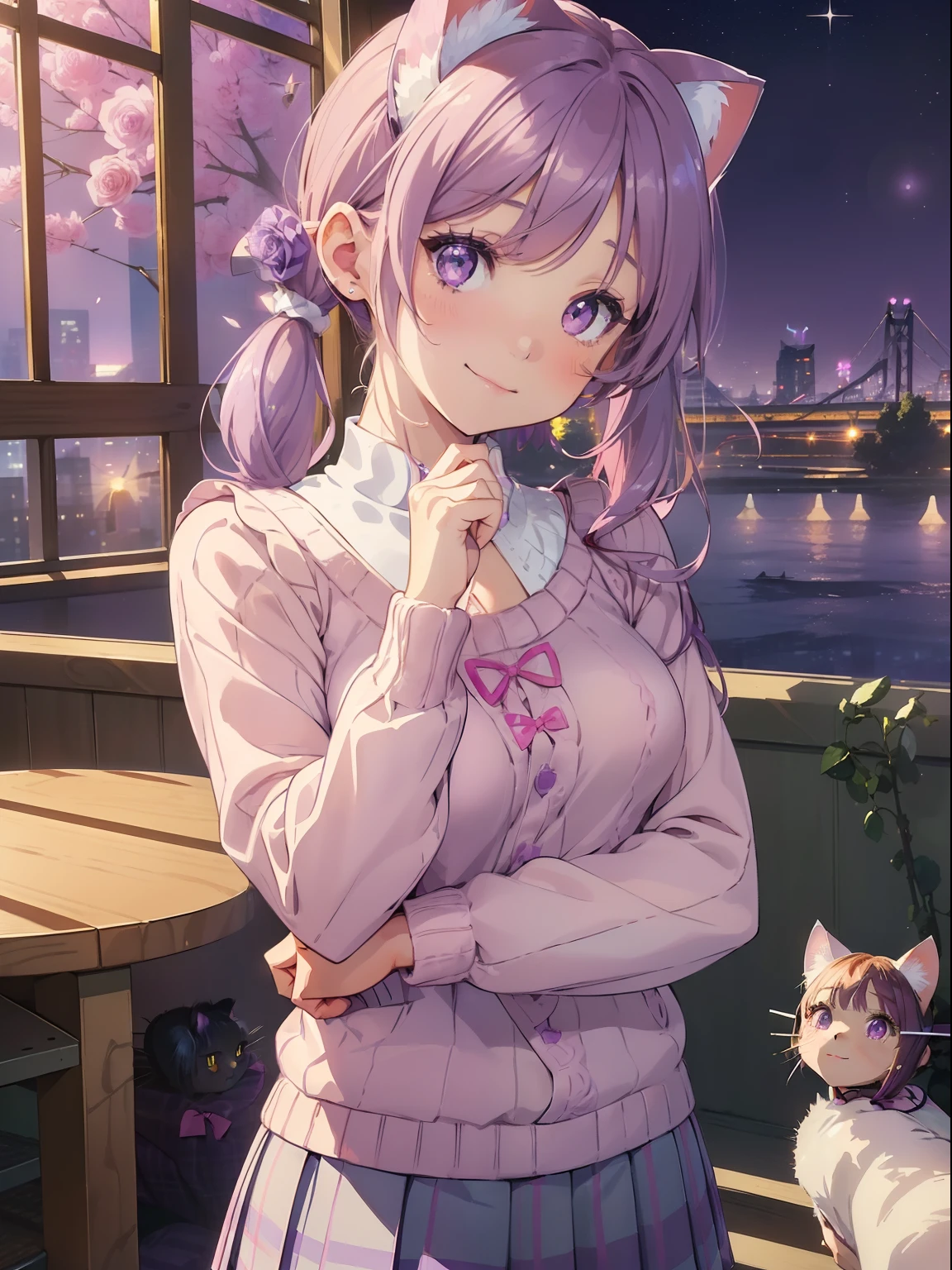 masutepiece, High resolution, 8K, anime woman, Delicate and detailed writing 、Detailed digital illustration、(((Straight pigtail)))、Shiny hair、Bangs、a very beautiful woman、Eyes are double, Large, (((Bust is an A cup)))、High image quality, High quality、Detailed background、The inside of the eye shines like a diamond、Light purple hair、Gradient pupil、(((2 arms、4 fingers, 1 thumb)))、Detailed female face、Very beautiful and cute woman、、细致背景、​masterpiece、Soft Focus , Bright gradient watercolor , Lens Flare , (((Glitter))) , Glow , Dreamy , Light Purple Ribbon、(((Very Beautiful Light Purple Rose Hair Accessories)))、Full smile、(((Face Close-up)、(((Winding check stall))) 、(School Uniforms:1.2), (wearing a light pink knitted sweater over a white shirt,,,,,,,:1.3), (Plaid pleated skirt:1.3),(((Foreign-style cityscape(((1girl in,1cat)))1girl in,1cat)))