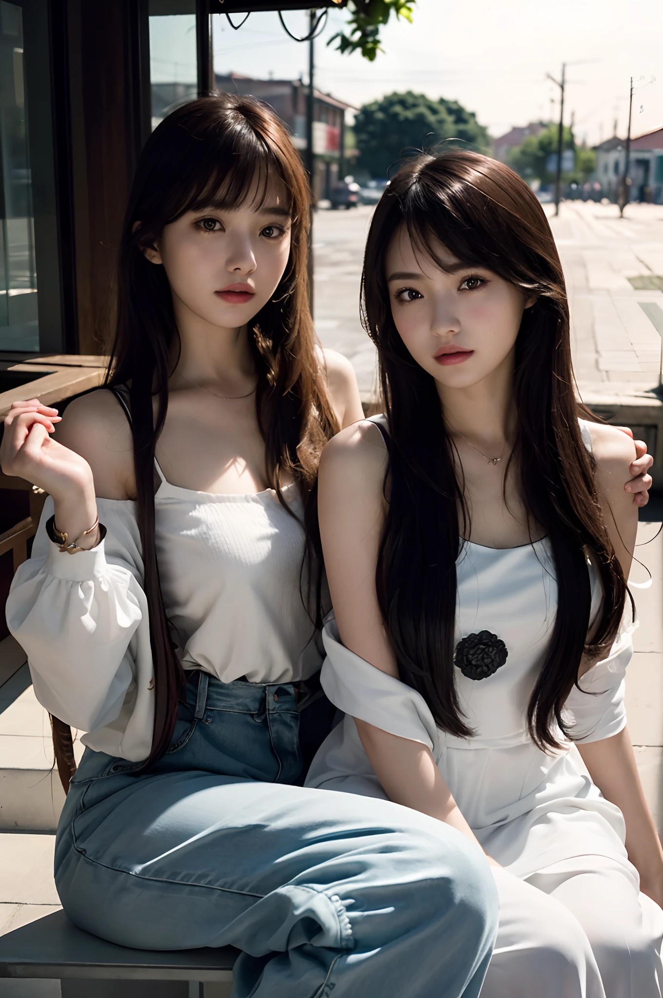 (Masterpiece, Best quality), (photograph realistic), (intricately details, Detailed face), hdr, Ray tracing,RAW photograph,All faces and pictures must be different,((Close-up portrait of two young people_Women))