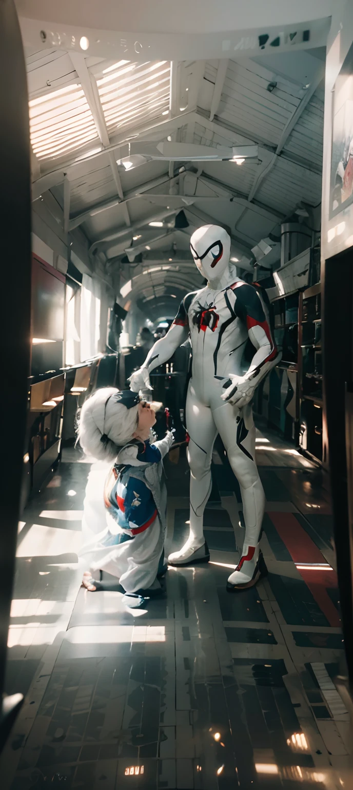 (CG Unity 8K wallpaper in extreme detail,tmasterpiece,Highest image quality),(Delicate light and shadow,The picture is highly dramatic,Cinematic lens effect),A girl in a white Spider-Man costume,Silver-gray hair color,From the Spider-Man parallel universe,Wenger,Marvel,Spidey,are standing,dynamicposes),(Exceptional detail,The lighting effect is outstanding,Vista wide angle),(Excellent rendering,Enough to stand out from the crowd),The focus is on the white Spider-Man costume,Complex spider textures