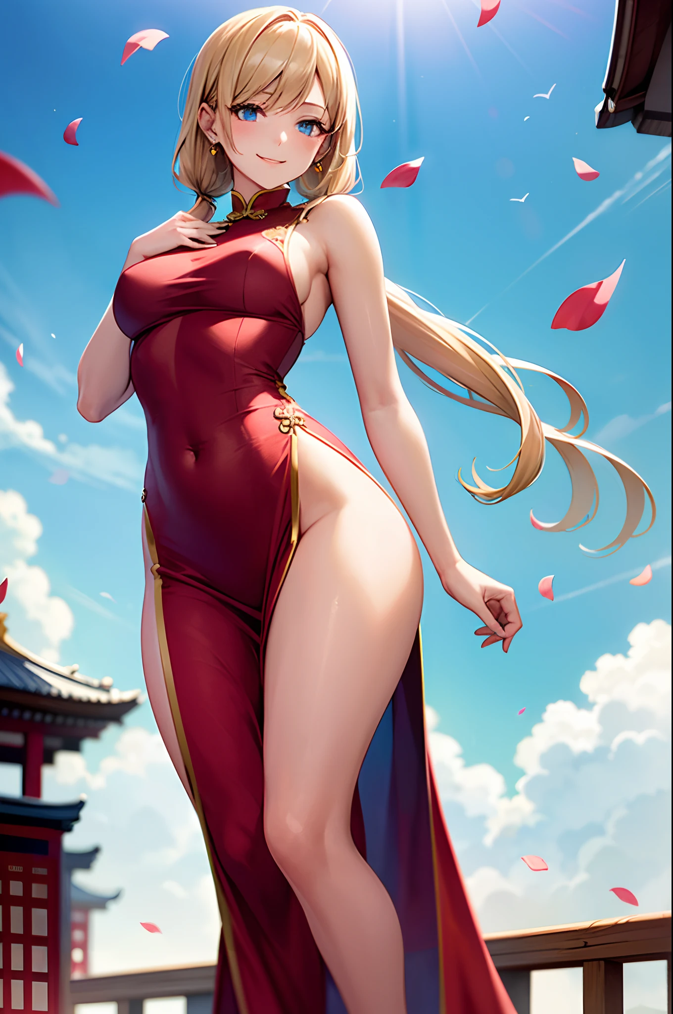 Realistic and detailed image of a girl in a Chinese dress with mini skirt. She has long wavy blonde hair in pigtails. Blue eyes. She has earrings, long eyelashes. she has small breasts, slim waist, very wide hips and thick thighs. smiling, pleased face. With one leg raised, back arched. She is in a Buddhist temple with flower petals falling around her.