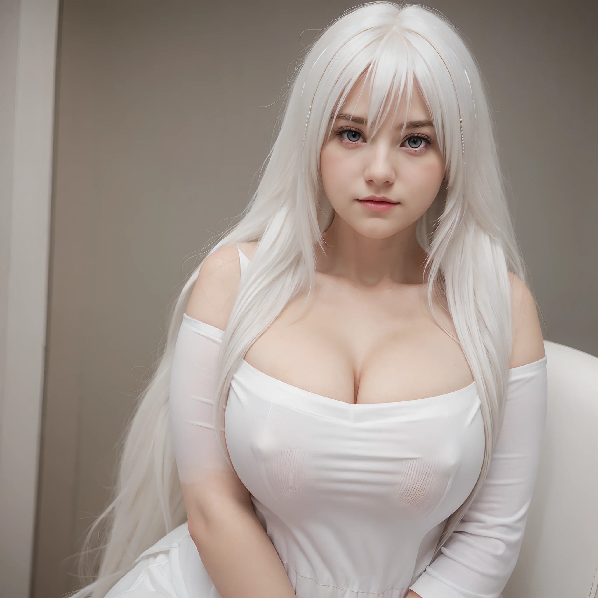 long layered white hair, cute red eyes, pretty face, cute face, THICC