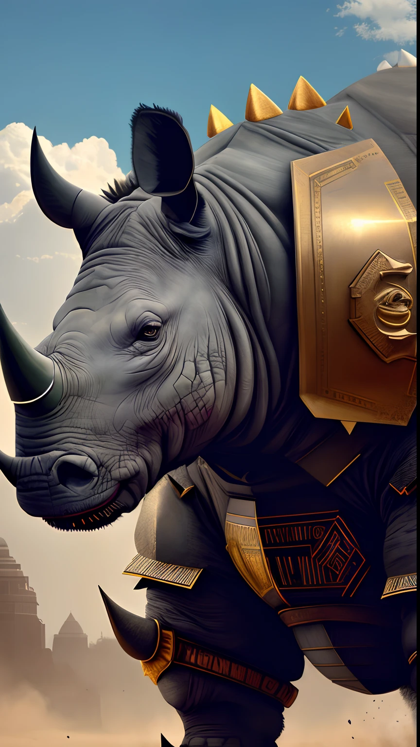 Animalrizz   ((rhinoceros)) 10, masterpiece, highres, Absurd,photorealistic portrait, Parley_armature, Lion in Armor ,Wear Parley_armature, Massive futuristic armor, running, move, Rocket propulsion,((from the side))