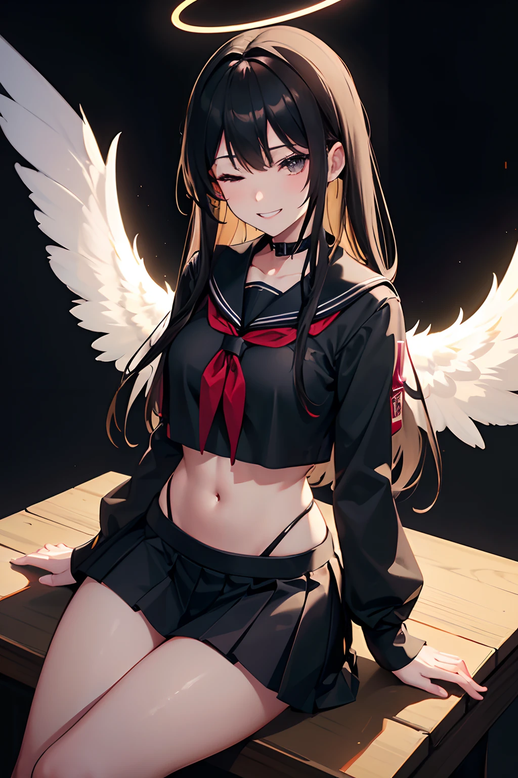 (best quality, masterpiece, highres tyndall effect,photorealistic, dark studio, rim lighting, two tone lighting,(high detailed skin:1.2), 8k uhd, dslr, soft lighting, high quality, volumetric lighting, candid, Photograph, high resolution, 4k, 8k), , 1girl , 1other , black choker , black gloves , black hair , black serafuku , black skirt , black socks , black wings , grey eyes , grin , halo , holding phone , looking at viewer , low wings , medium breasts , midriff peek , miniskirt , one eye closed , pleated skirt , red armband , red neckerchief , sailor collar , school uniform , sitting , smile , solo focus , text messaging , thighs , topless , very long hair