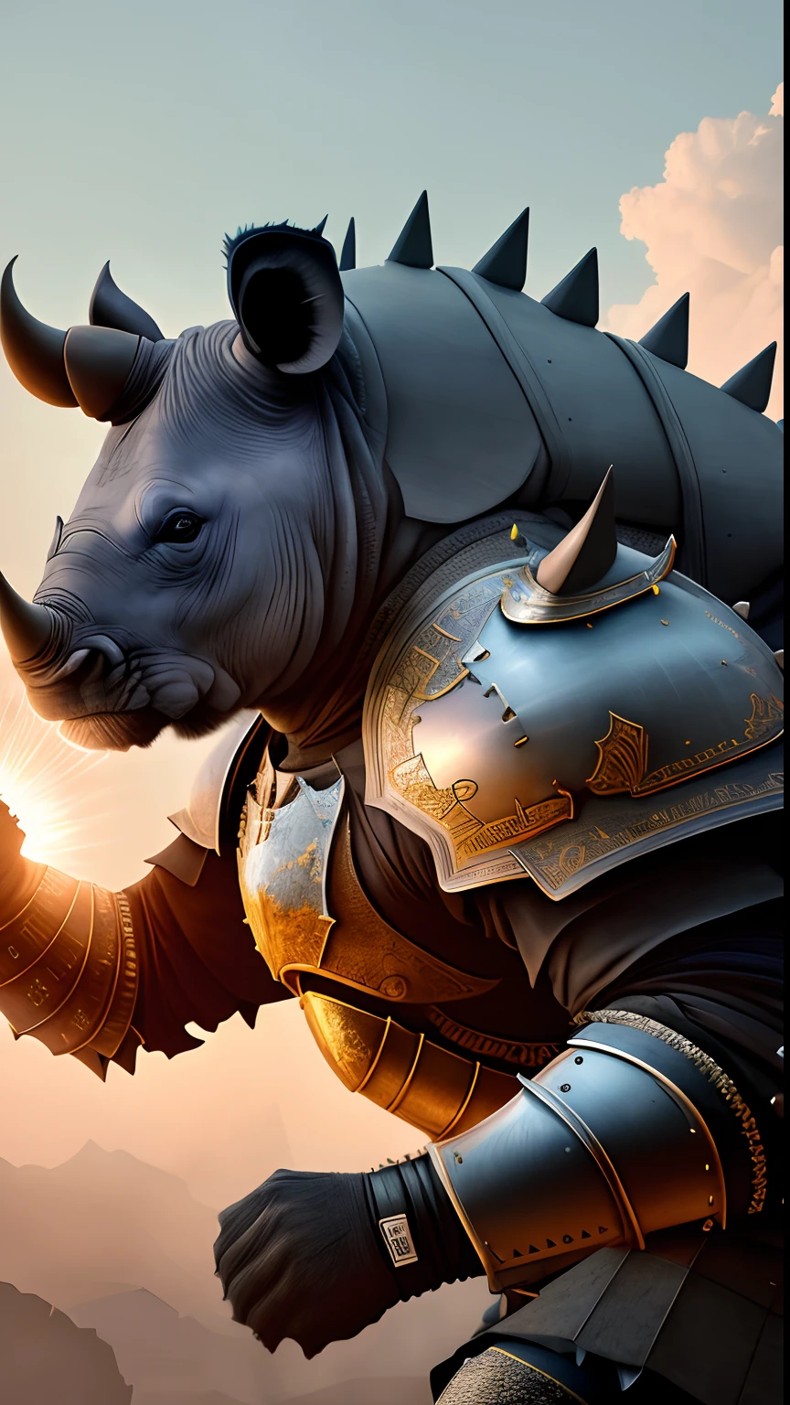 Animalrizz   ((rhinoceros)) 10, masterpiece, highres, Absurd,photorealistic portrait, Parley_armature, Lion in Armor ,Wear Parley_armature, Massive futuristic armor, running, move, Rocket propulsion,((from the side))