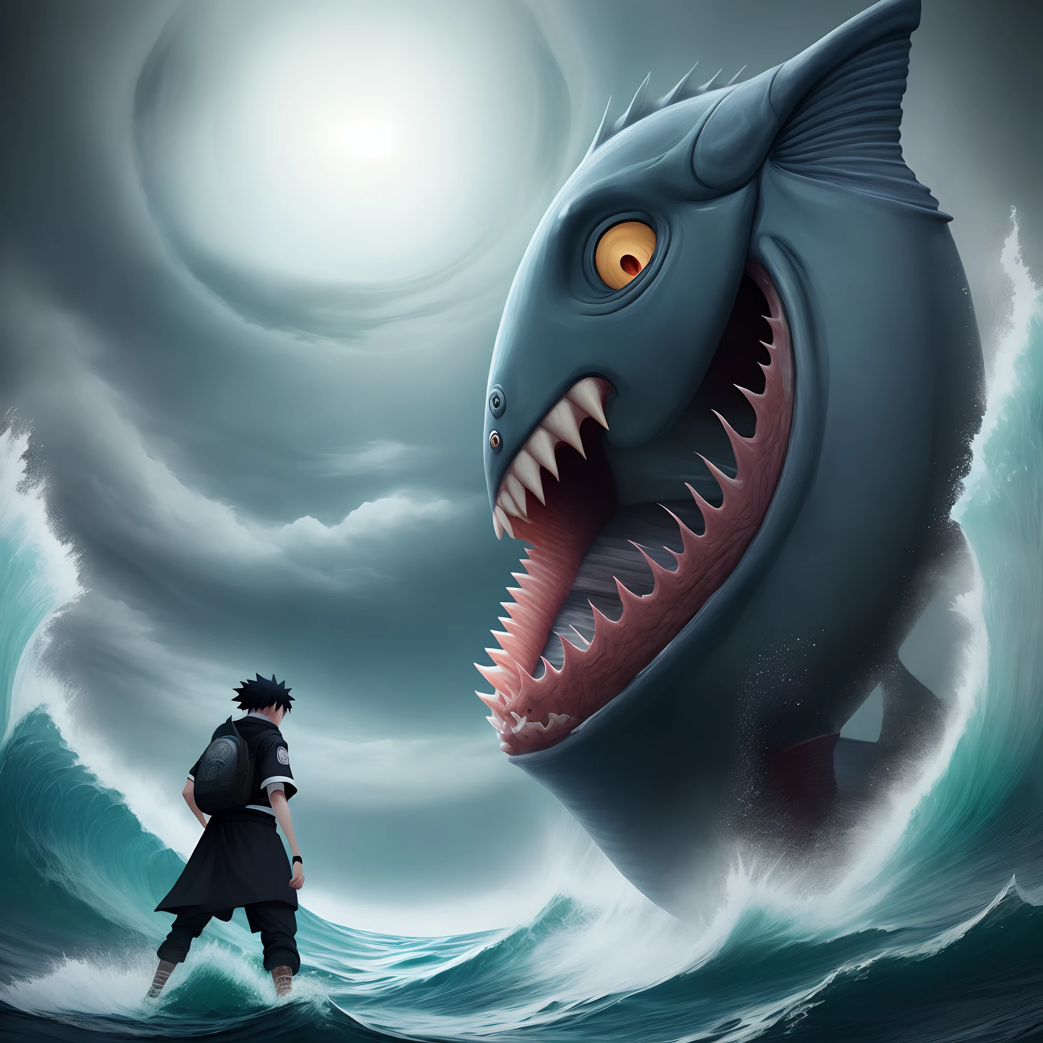 The frightened bible character Jonah contemplating a gigantic monstrous fish in the dark sea.(naruto style)