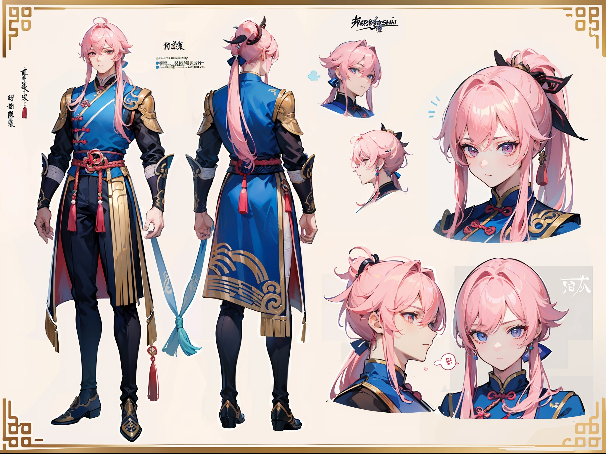 ((Masterpiece, Highest quality)), Male, boy, Detailed face, character design sheet, full bodyesbian, Full of details, frontal body view, back body view, Highly detailed, Depth, Many parts, Muscle boy with ponytail long pink hair,handsome man, muscle body, Traditional chinese clothes, Genshin Impact, man tall,