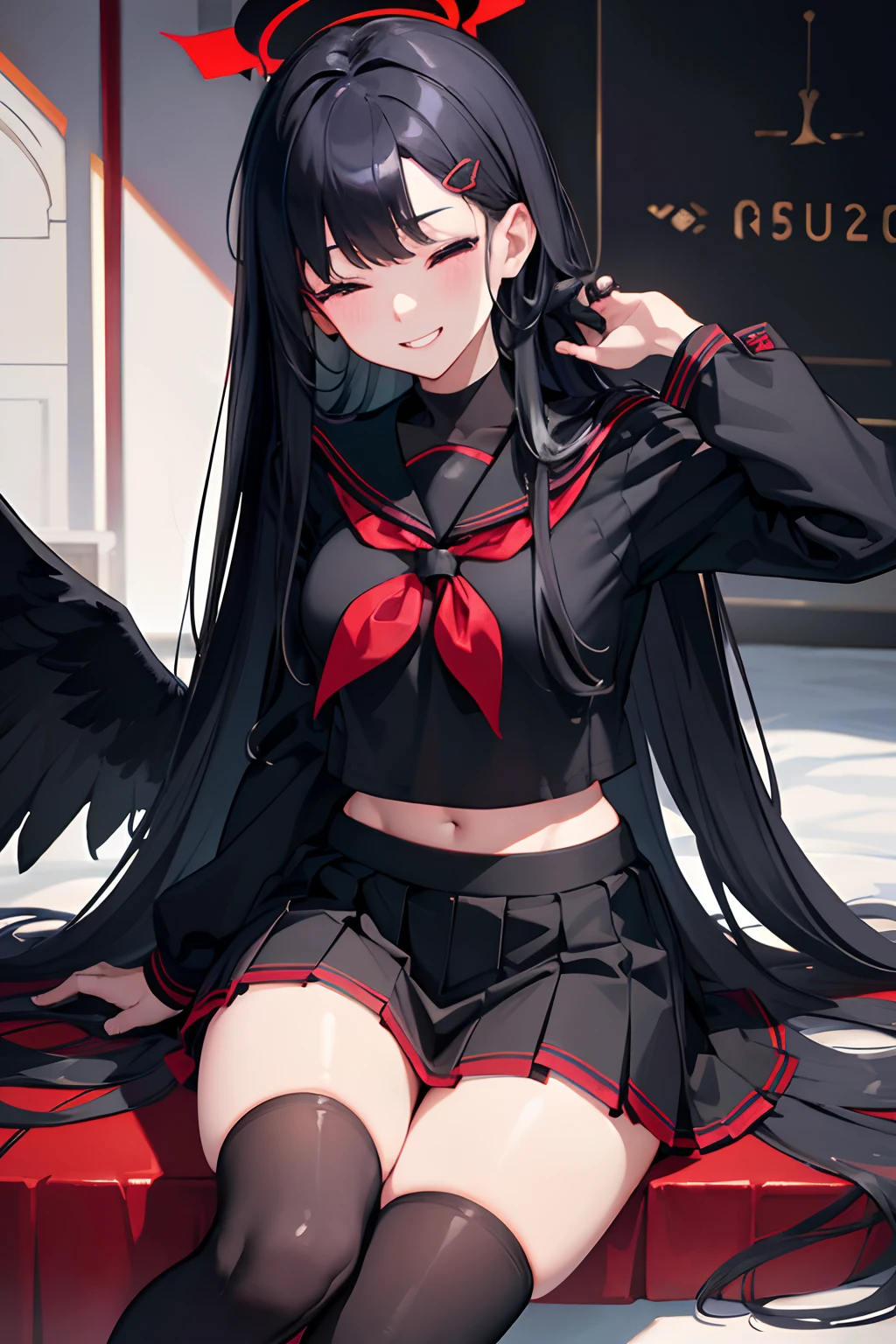 (best quality, masterpiece, highres tyndall effect,photorealistic, dark studio, rim lighting, two tone lighting,(high detailed skin:1.2), 8k uhd, dslr, soft lighting, high quality, volumetric lighting, candid, Photograph, high resolution, 4k, 8k), , 1girl , 1other , black choker , black gloves , black hair , black serafuku , black skirt , black socks , black wings , grey eyes , grin , halo , holding phone , looking at viewer , low wings , medium breasts , midriff peek , miniskirt , one eye closed , pleated skirt , red armband , red neckerchief , sailor collar , school uniform , sitting , smile , solo focus , text messaging , thighs , topless , very long hair, ichika (blue archive)