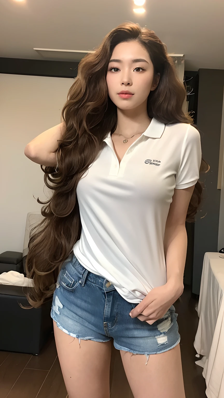 ((best qualtiy, 8K, tmasterpiece:1.3)), Focus:1.2, perfect figure beautiful woman:1.4, Cocked buttocks:1.2, ((Random Long Thick Diva Hairstyle) ((Brown Wavy Hair In Big Curls))(Long white legs:1.3,(Polo shirt With Jean Shorts:1.2) , (inside in room: 1.2), Highly detailed facial and skin texture, A detailed eye, 二重まぶた,Whiten skin,(Straight big breasts:1.3), looking at camera, Wear a necklace,