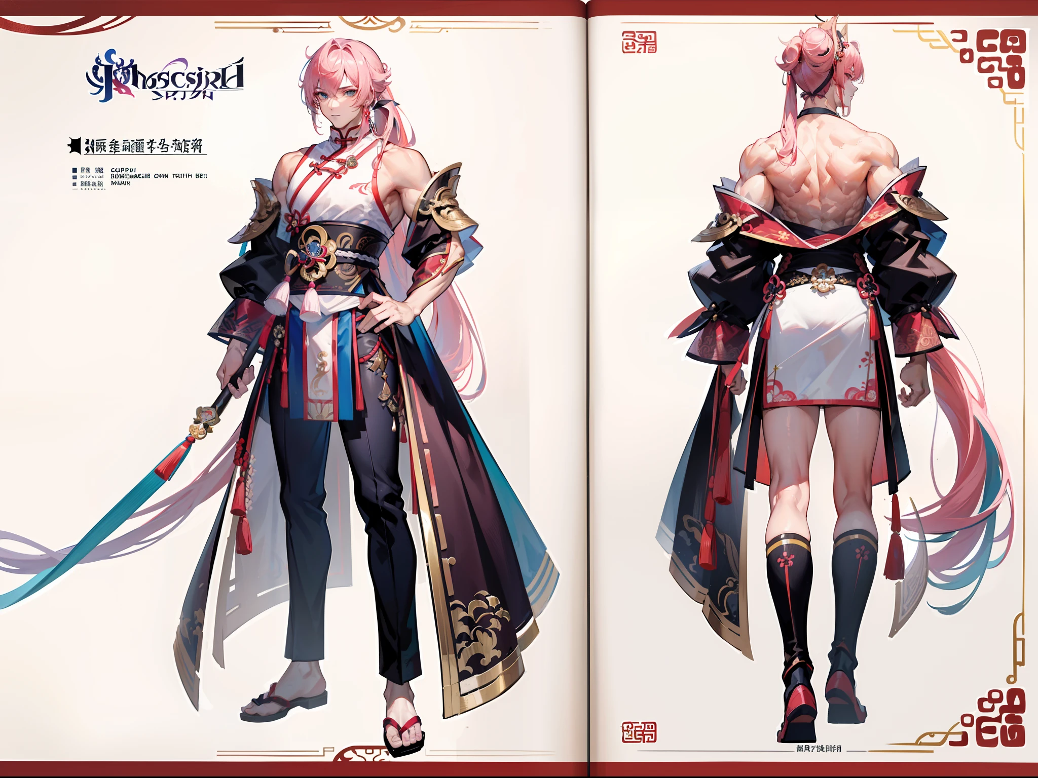 ((Masterpiece, Highest quality)), Male, boy, Detailed face, character design sheet， full bodyesbian, Full of details, frontal body view, back body view, Highly detailed, Depth, Many parts, Muscle boy with ponytail long pink hair，handsome man, muscle body, Traditional chinese clothes, Genshin Impact, man tall,