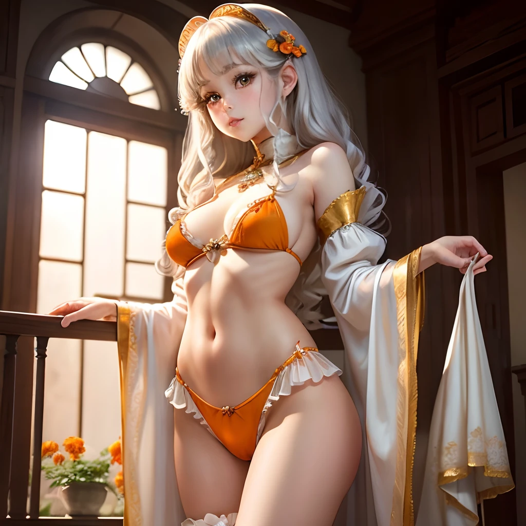 Silvery curly hair、hime-cut、Girl with golden eyes、View of the crotch from below、flat chest、Thin pubic hair、Beautiful open legs、Orange maid clothes
