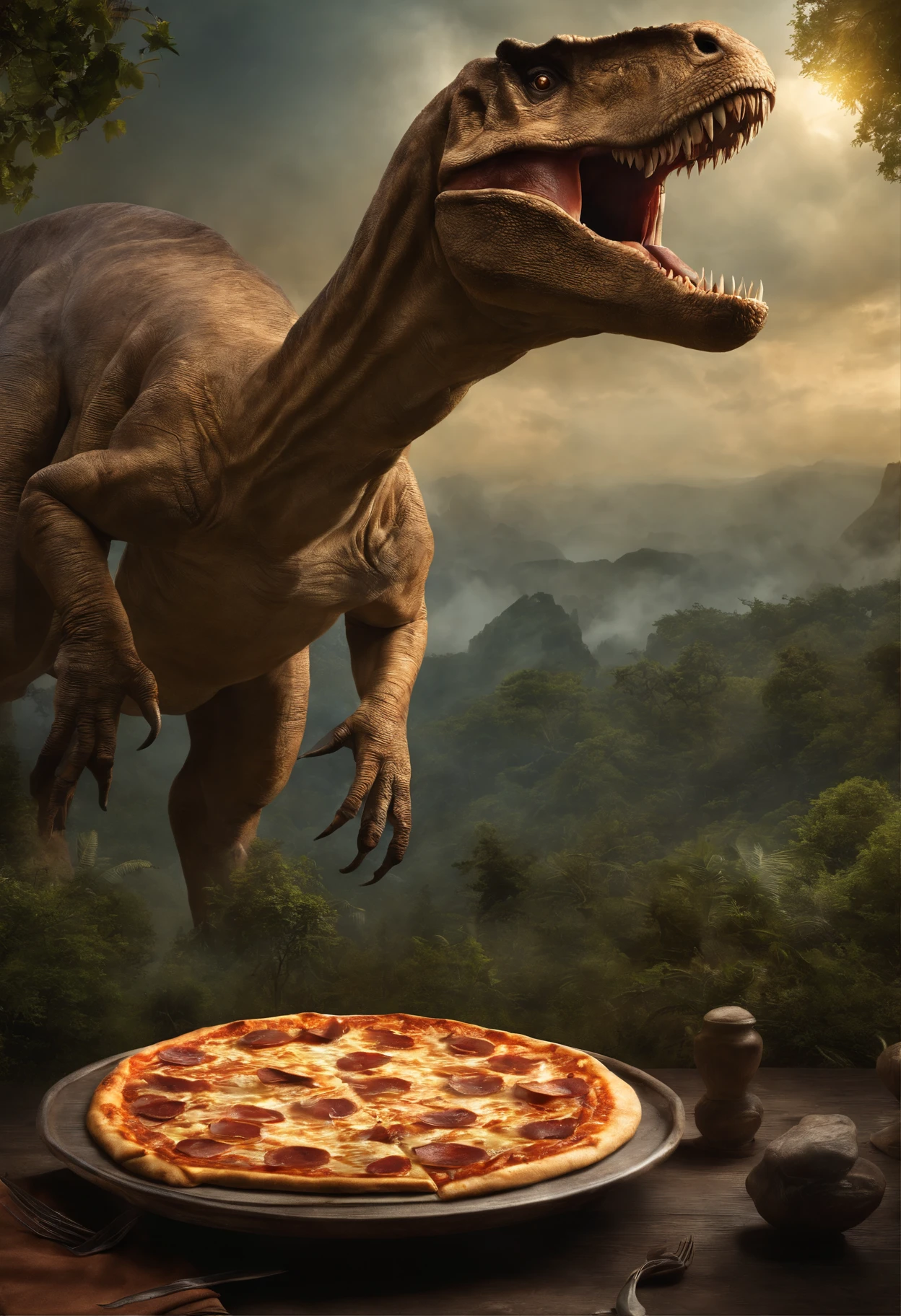 El gato cabalga sobre el lomo de un Tyrannosaurus rex，Postura ofensiva，Hay platillos voladores como pizza flotando en el cielo，El trasfondo es la inmensidad del universo，Un estilo realista，Ultraclaro，fotorrealista，