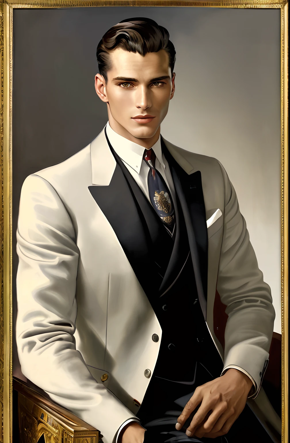 A portrait of a handsome Hugo Boss male model in 1940s, beautiful painting with highly detailed face by Alphonse Mucha and greg rutkowski and magali villanueve, (the most beautiful portrait in the world:1.5)
