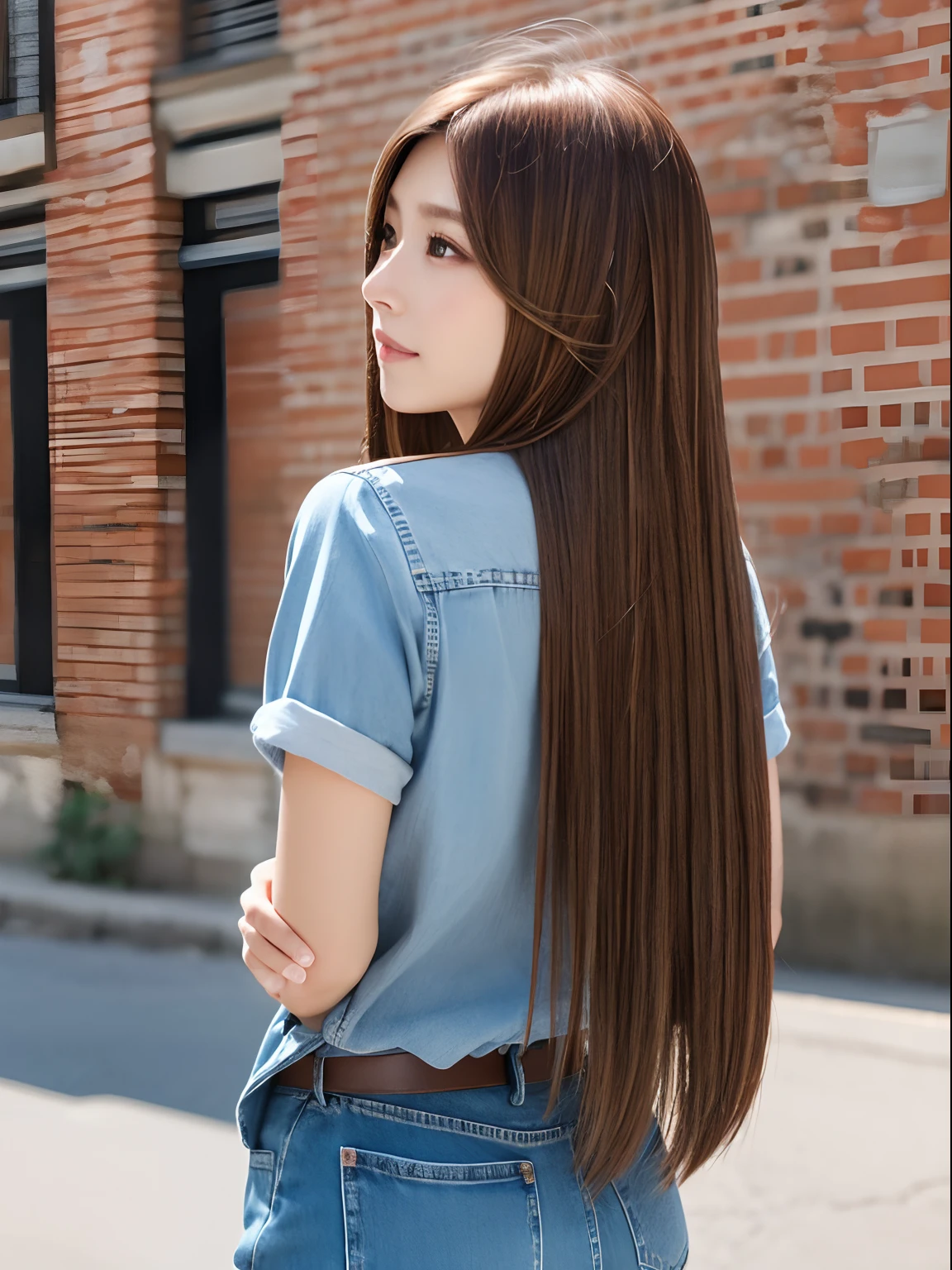 Back shot, Long hair, super straight hair,Brown hair color,1 woman、denim-shirt、Best Quality、masutepiece、Shine Hair、smooth hair、Background blur、Background brick wall