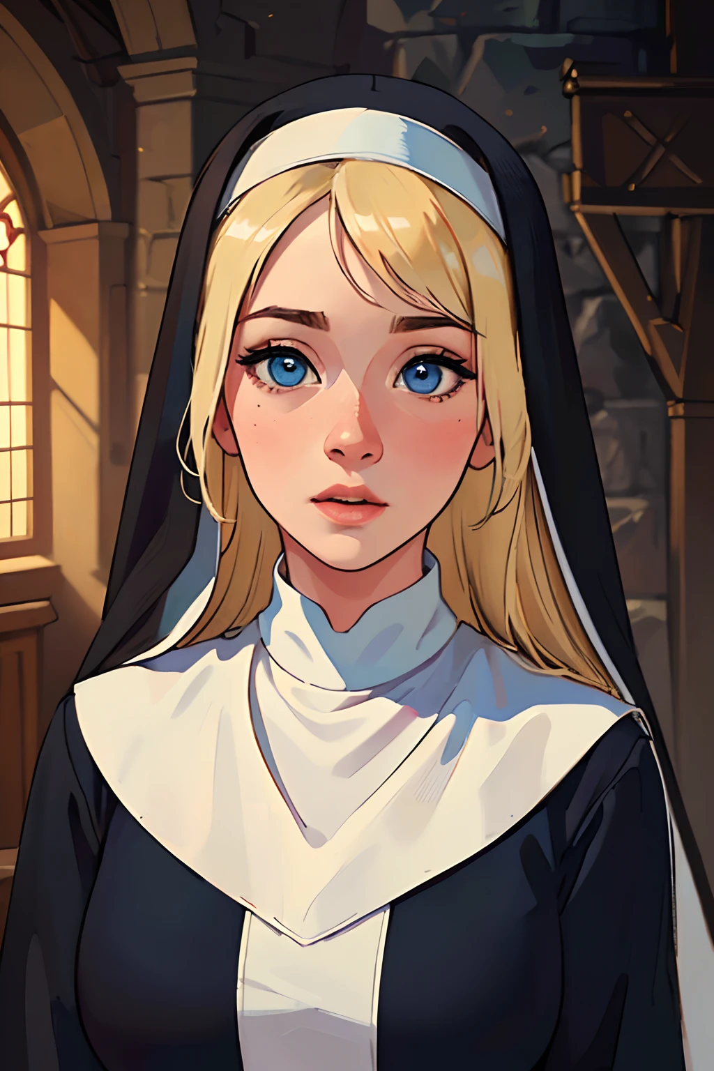 (best quality,4k,8k,highres,masterpiece:1.2), ultra-detailed, (realistic,photorealistic,photo-realistic:1.37), beautiful blonde nun, attractive and cute, rosy cheeks, fair skin, nun's sexy attire sexy, medieval, medieval church, sexy, portraits, soft lighting, vibrant colors, delicate brushstrokes, ethereal atmosphere, long hair, blue eyes