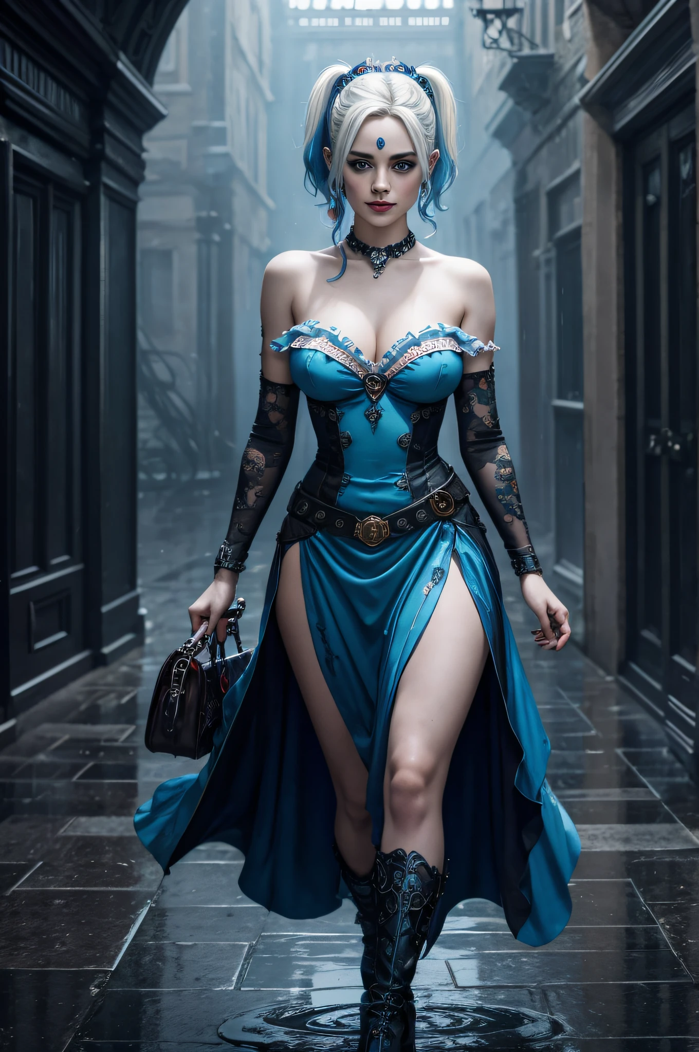 beautiful harley quinn in blue dress, Rococo, Baroque v3, full chaotic place, Datanoshing, Ink v3, Rainy coast, spirutual style, magic impressionism Art, fantasy art Tech, 3D, High definition, Photo realistic, specified, bad details Tech, 8k, by yossi kotler, good body proportions, invert all intricate details,