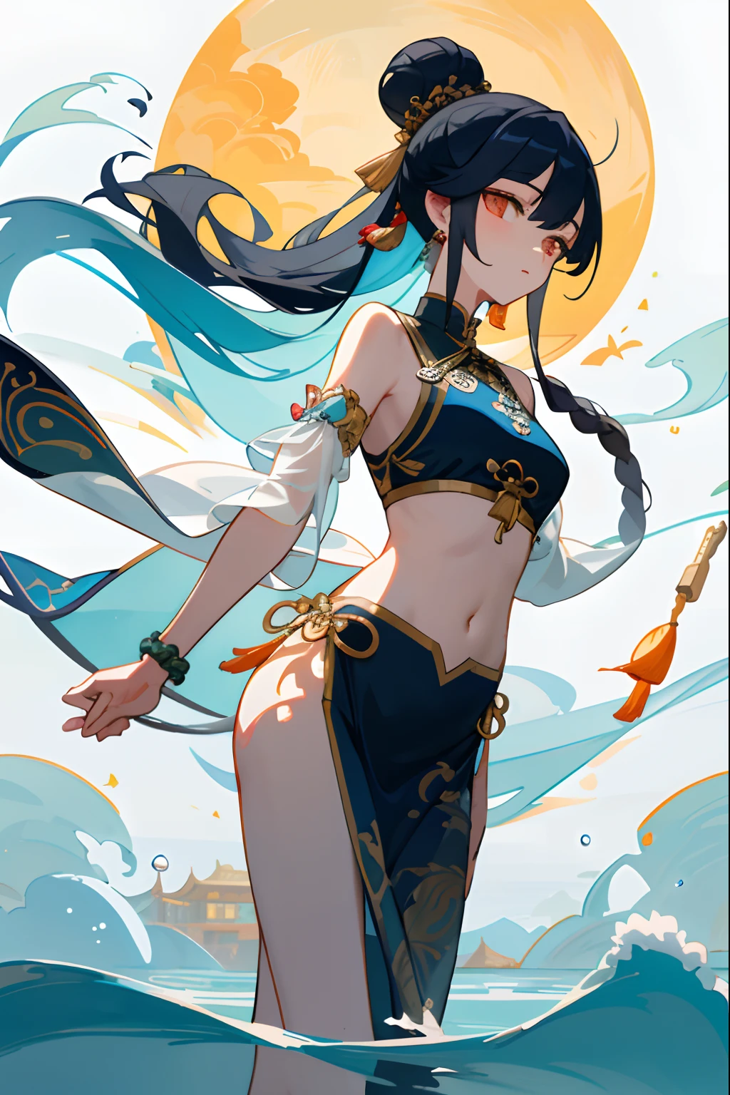 An ancient Chinese beauty stands on the water and dances,The ornate costumes are embroidered with intricate embroidery,Flowing tulle,A long transparent colored streamer is tied around the arm,Inspiration for the Dunhuang flying mural,Open navel,cropped shoulders,Bare neck,Black coiled hair with a high updo hairpin with hairpins,The armband is tied with a streamer,Yingluo Huanpei,Bracelet,Anklets,A metal chain tassel is tied around the waist,Moon in the background,Mogao Cave Art,water ink,CGstation is popular