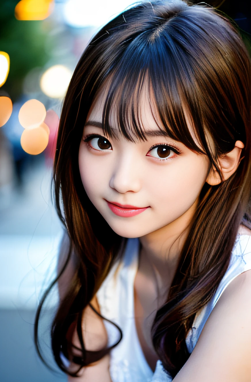 masterpiece, best quality, 8k, , raw photo, award winning portrait, smile, smile, solo, idol face, beautiful, extremely pretty, cute, japanese women,female idol, round big eyes, small nostrils, light makeup, big round eyes, narrow waist, delicate girl, upper body, DSLR, looking at viewer, candid, sophisticated, youthful, thin arms, professional lighting, (detailed eyes and face:1.0), (bokeh:1.1)