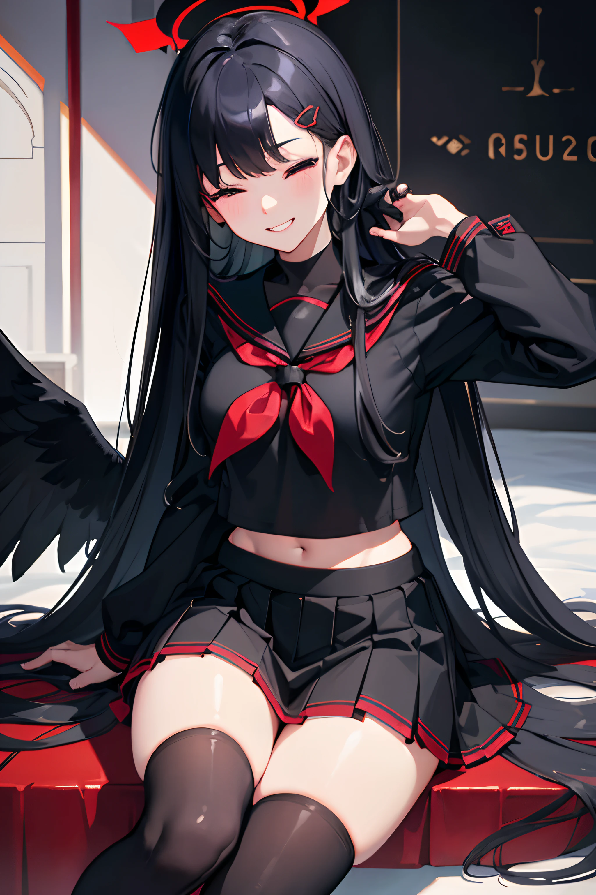 (best quality, masterpiece, highres tyndall effect,photorealistic, dark studio, rim lighting, two tone lighting,(high detailed skin:1.2), 8k uhd, dslr, soft lighting, high quality, volumetric lighting, candid, Photograph, high resolution, 4k, 8k), , 1girl , 1other , black choker , black gloves , black hair , black serafuku , black skirt , black socks , black wings , grey eyes , grin , halo , holding phone , looking at viewer , low wings , medium breasts , midriff peek , miniskirt , one eye closed , pleated skirt , red armband , red neckerchief , sailor collar , school uniform , sitting , smile , solo focus , text messaging , thighs , topless , very long hair, ichika (blue archive)