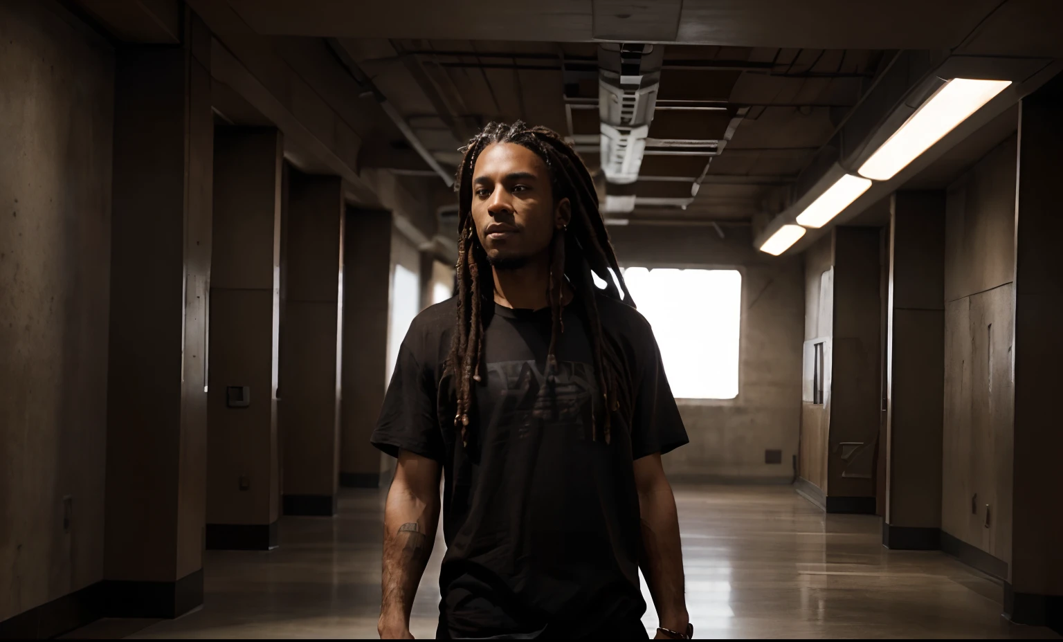 A man  with ((Dark brown colored dreads)), with light brown tips and a (((black tshirt))). Detailed, ((8k)), crisp, wide angle view. He is standing still in an empty space. The atmosphere is quite tense. There is also a suitcase besides him.