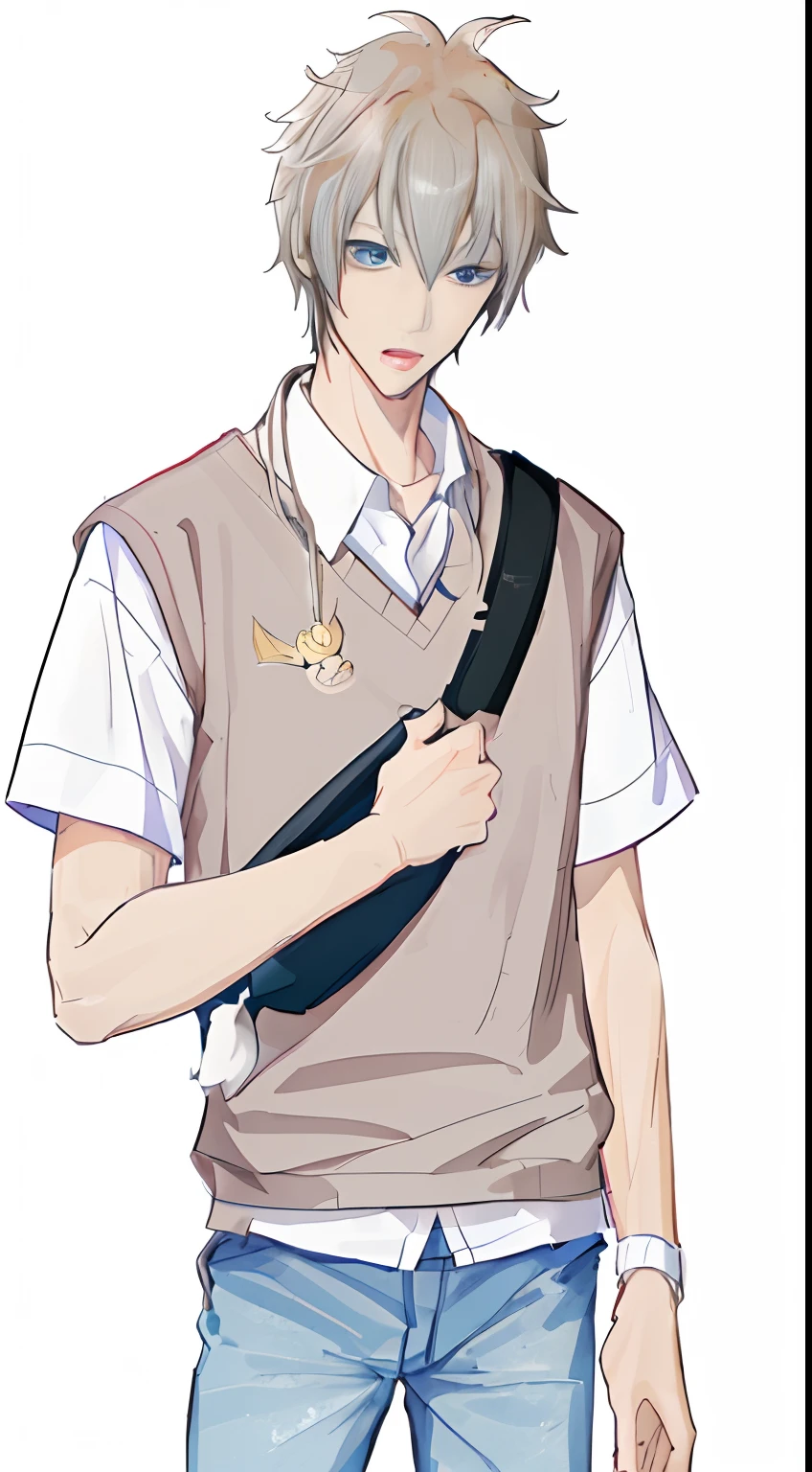 Anime boy standing in front of black background with backpack and tie, JK school uniform, natsume yuujinchou, young anime man, shigenori soejima illustration, Delicate androgynous prince, Tall anime guy with blue eyes, zerochan, male anime character, inspired by Okumura Togyu, Inspired by Bian Shoumin